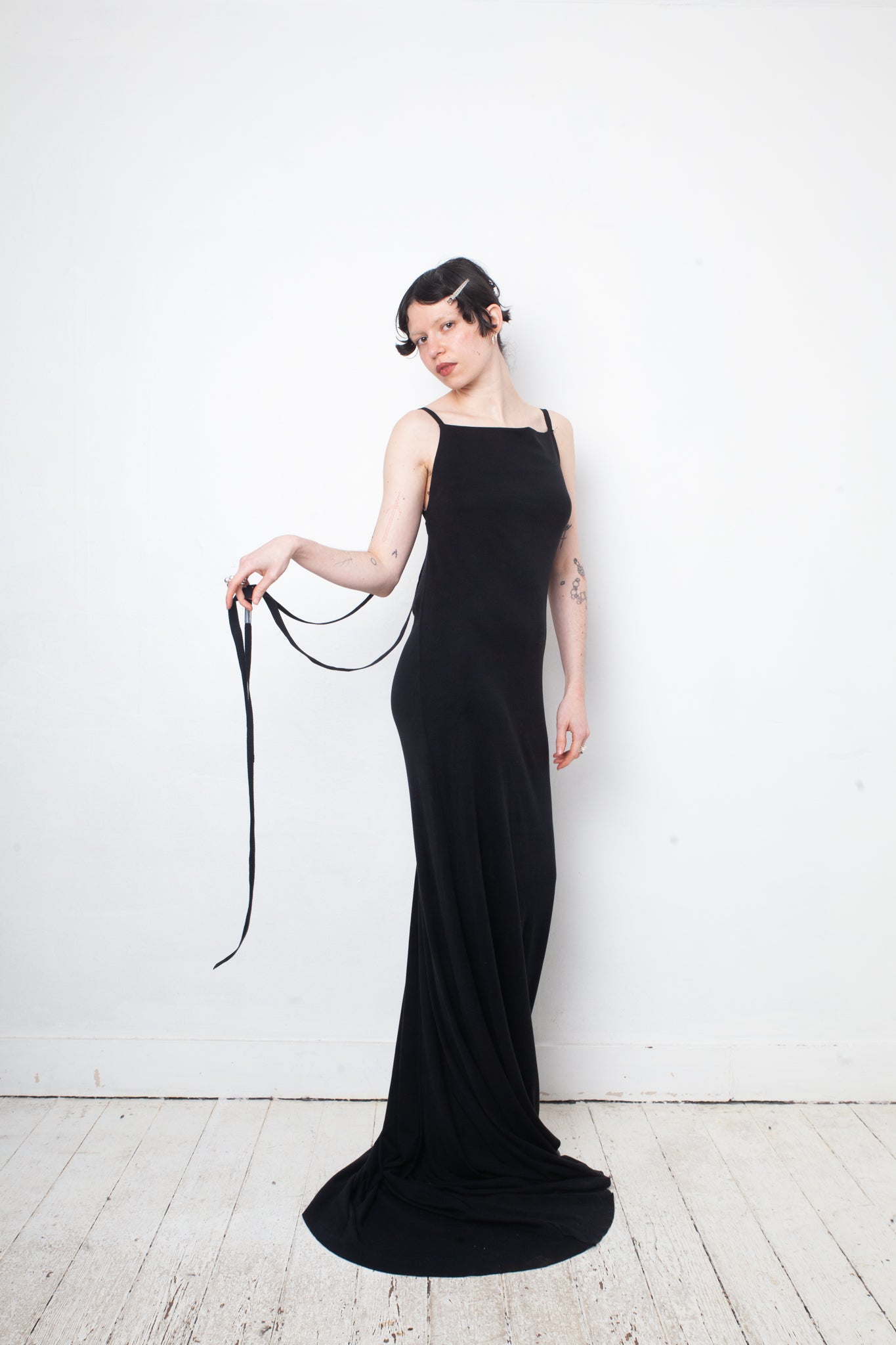 Ann Demeulemeester SS 2023  jersey black long evening dress with draped back