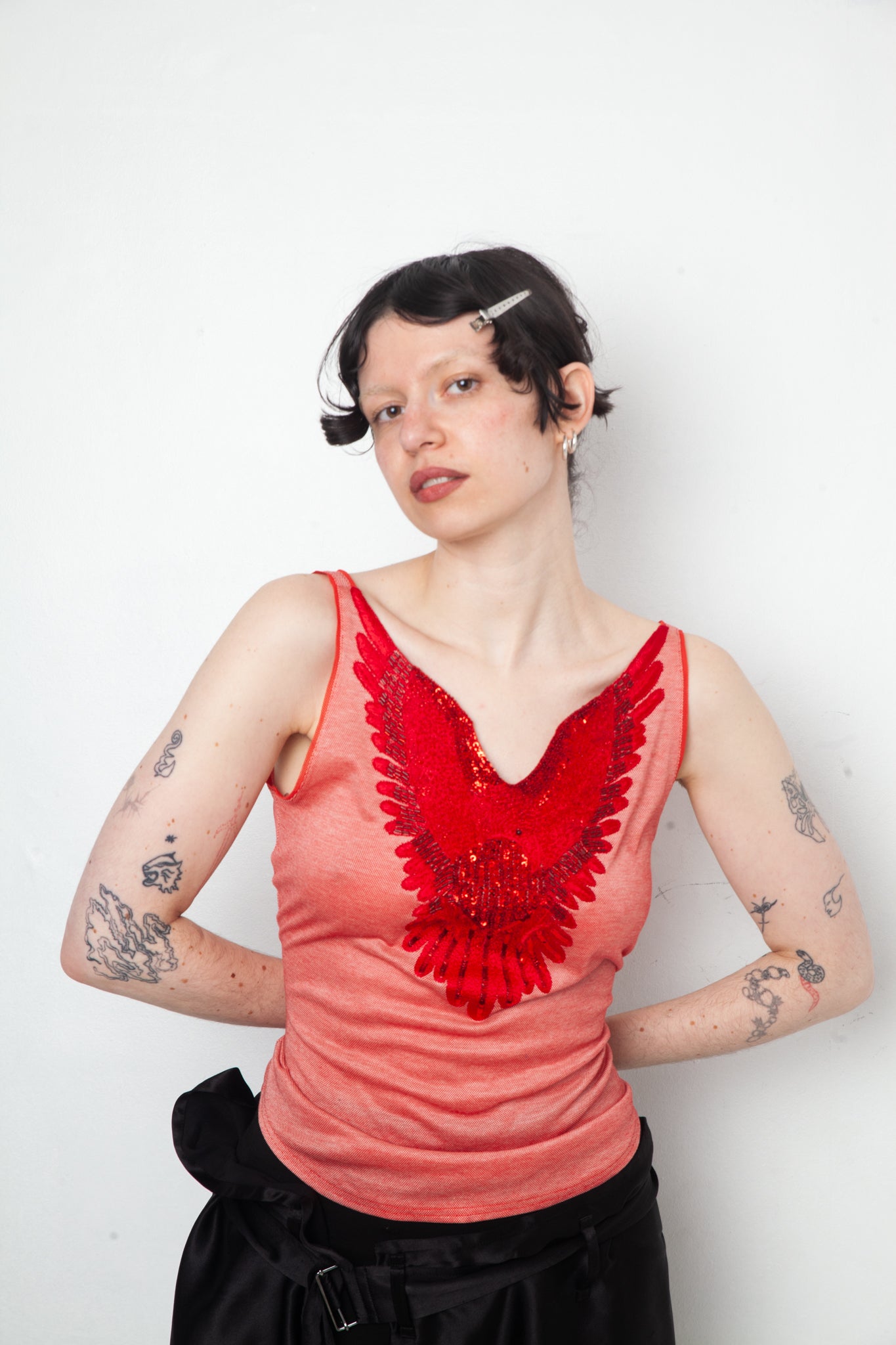 Veronique Branquinho piqué cotton red tank top with sequin bird