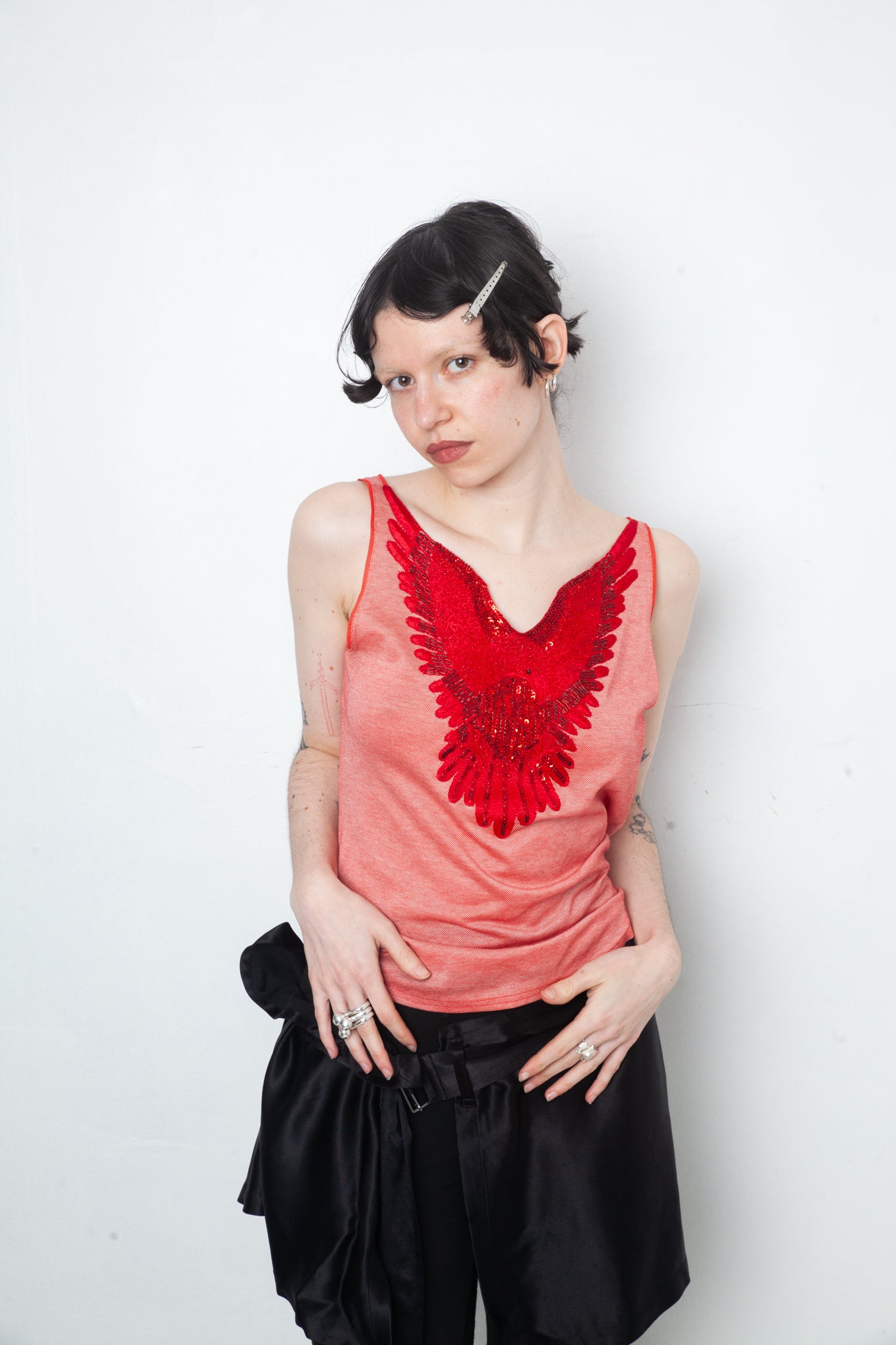 Veronique Branquinho piqué cotton red tank top with sequin bird