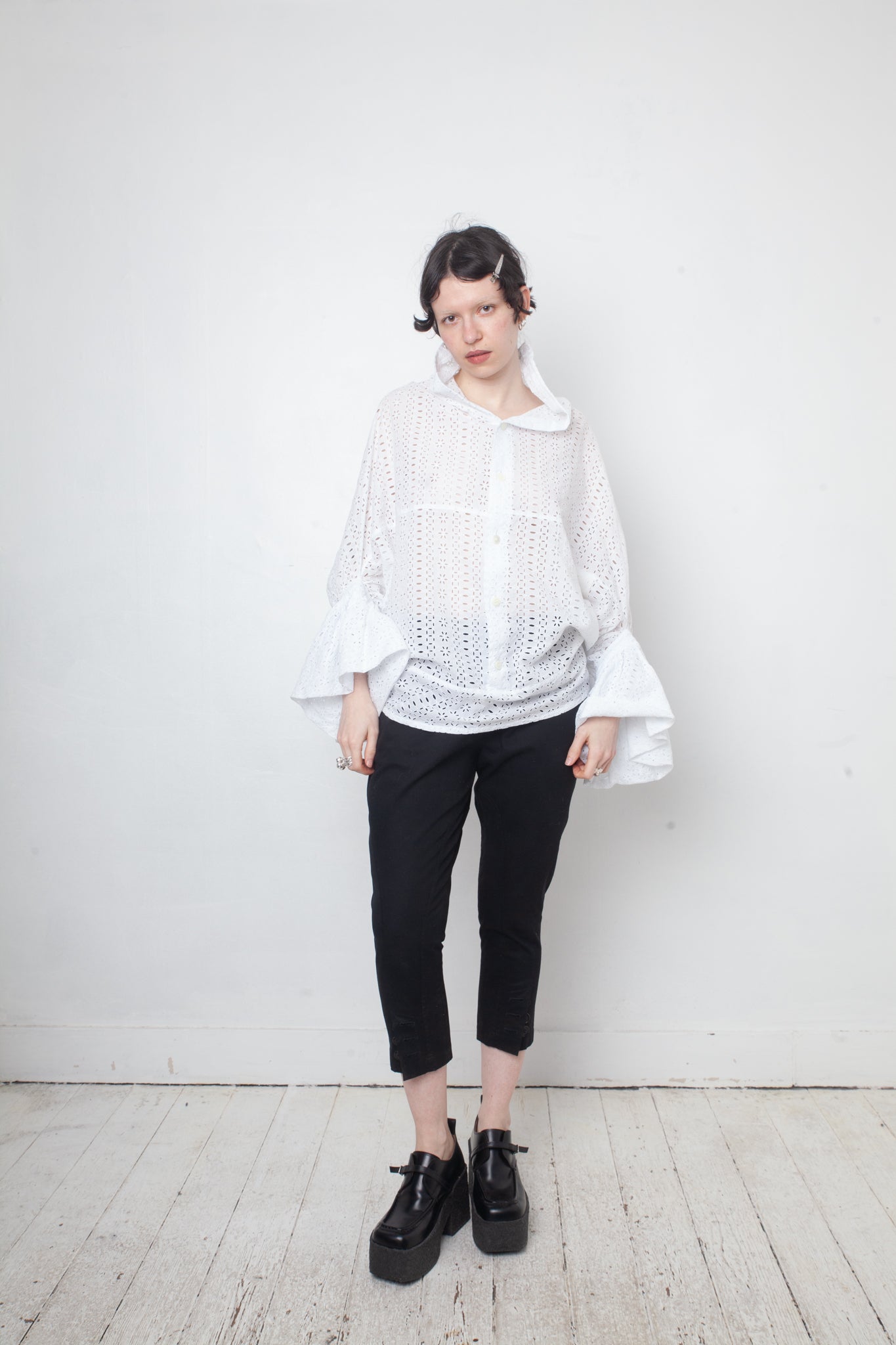 Junya Watanabe white lace draped shirt with balloon sleeves