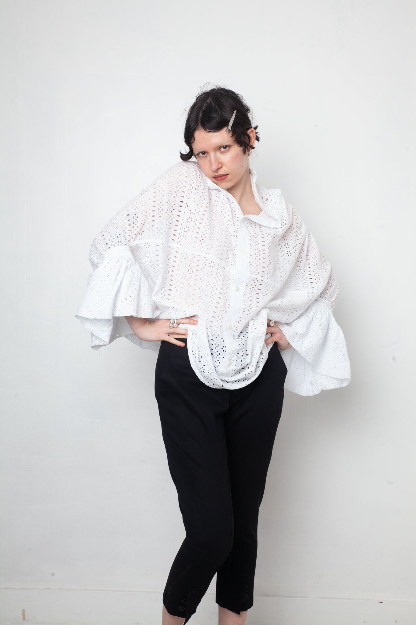 Junya Watanabe white lace draped shirt with balloon sleeves