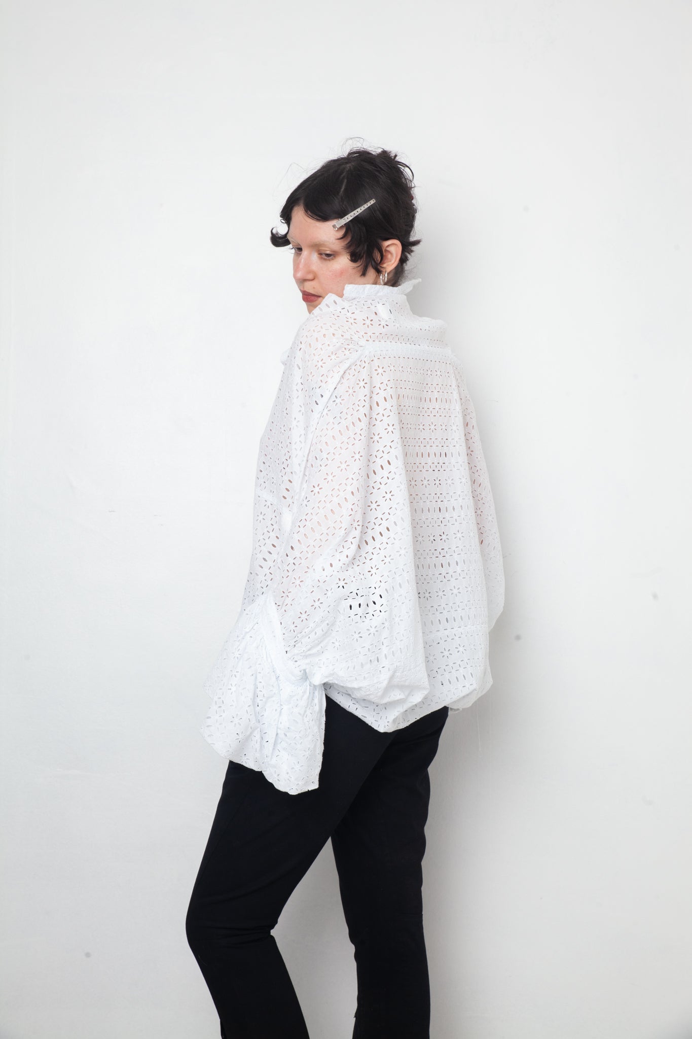 Junya Watanabe white lace draped shirt with balloon sleeves