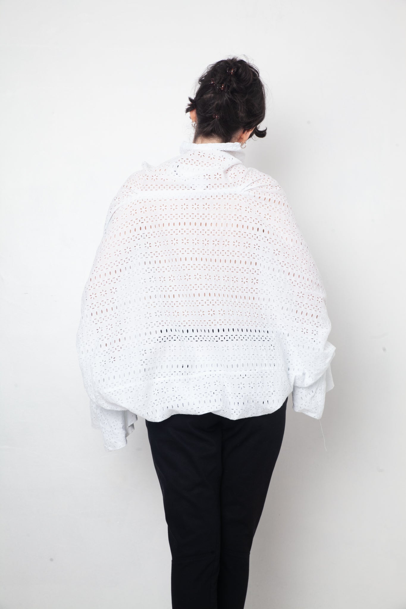 Junya Watanabe white lace draped shirt with balloon sleeves