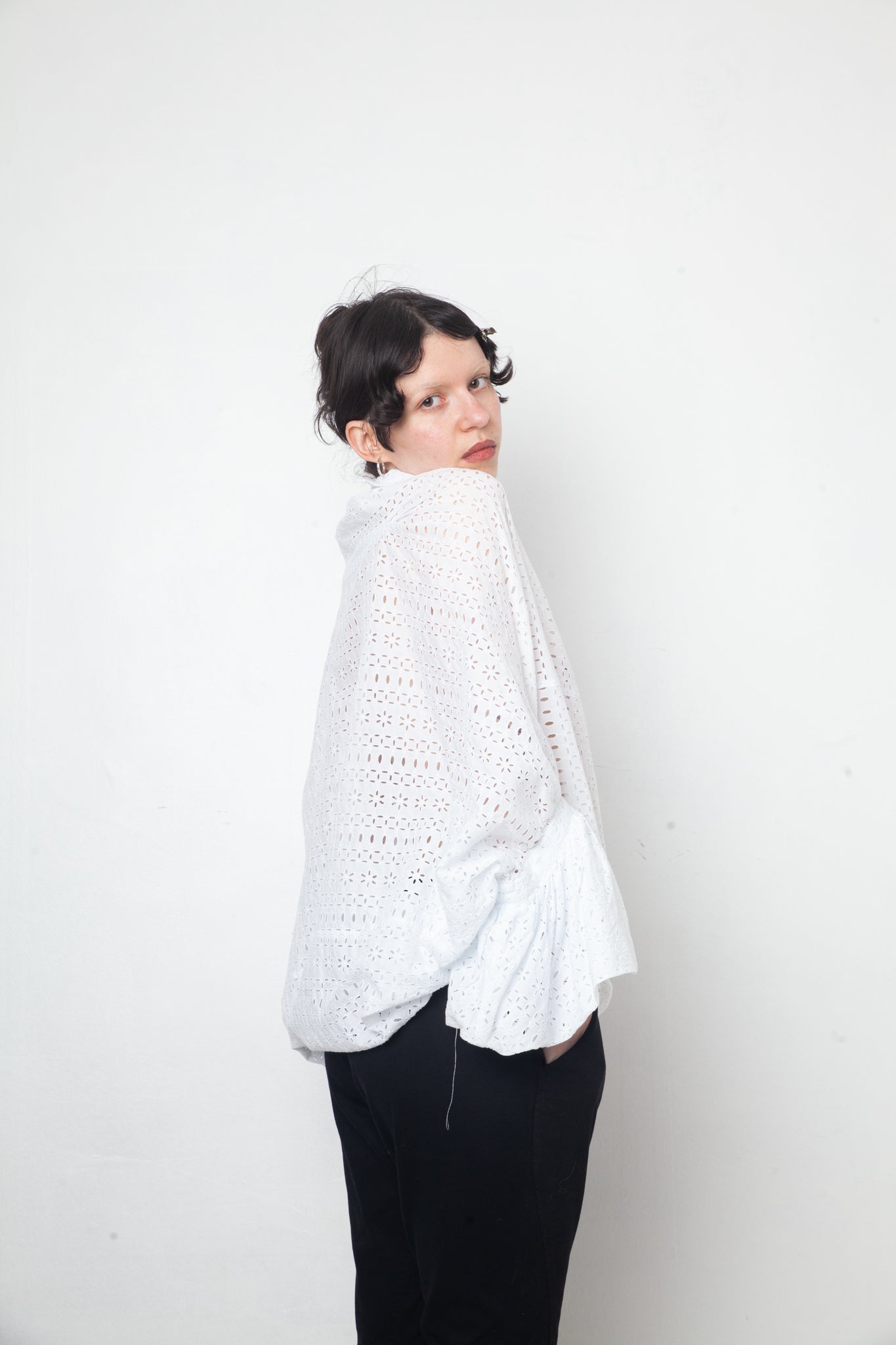 Junya Watanabe white lace draped shirt with balloon sleeves