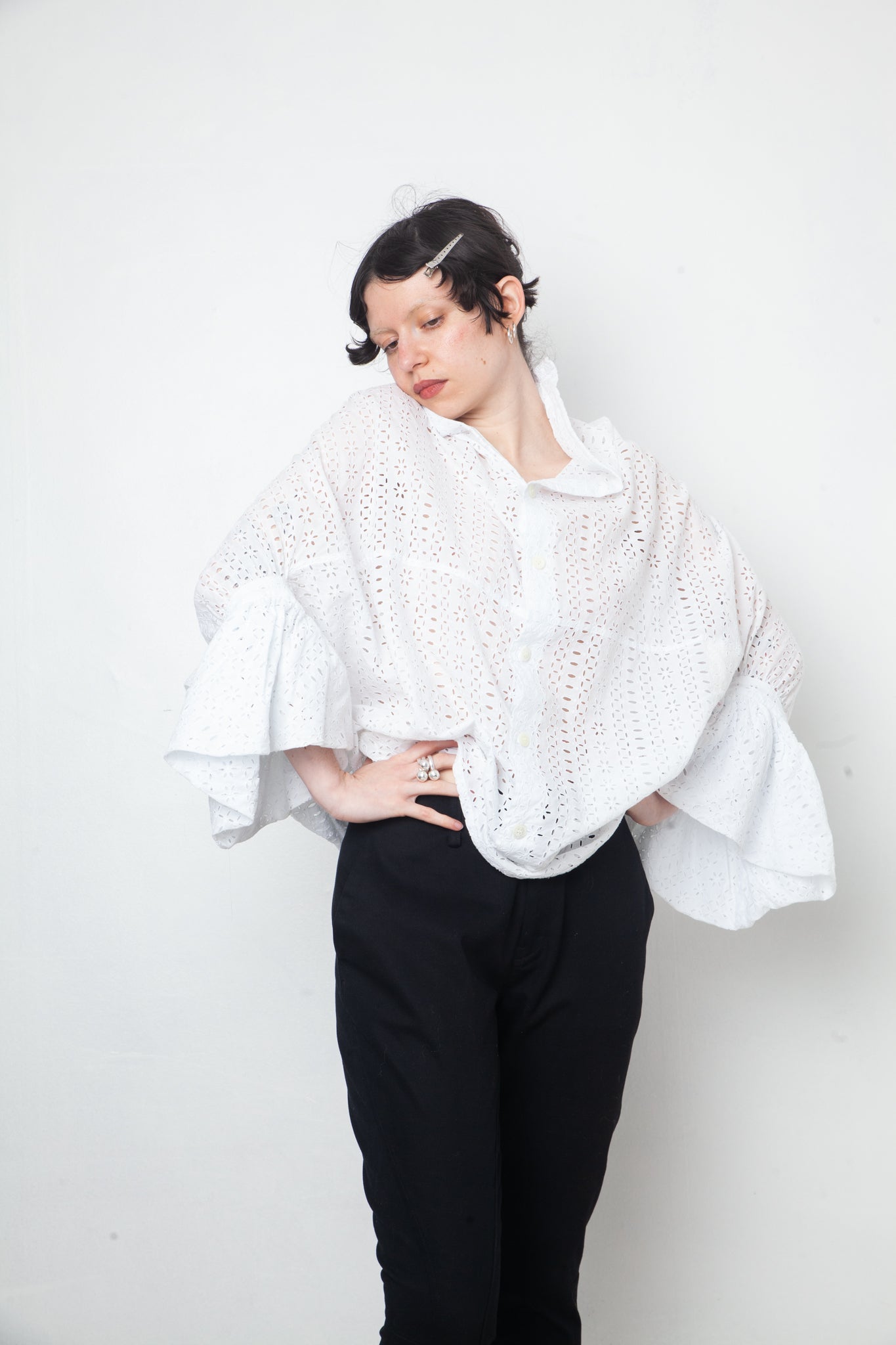 Junya Watanabe white lace draped shirt with balloon sleeves