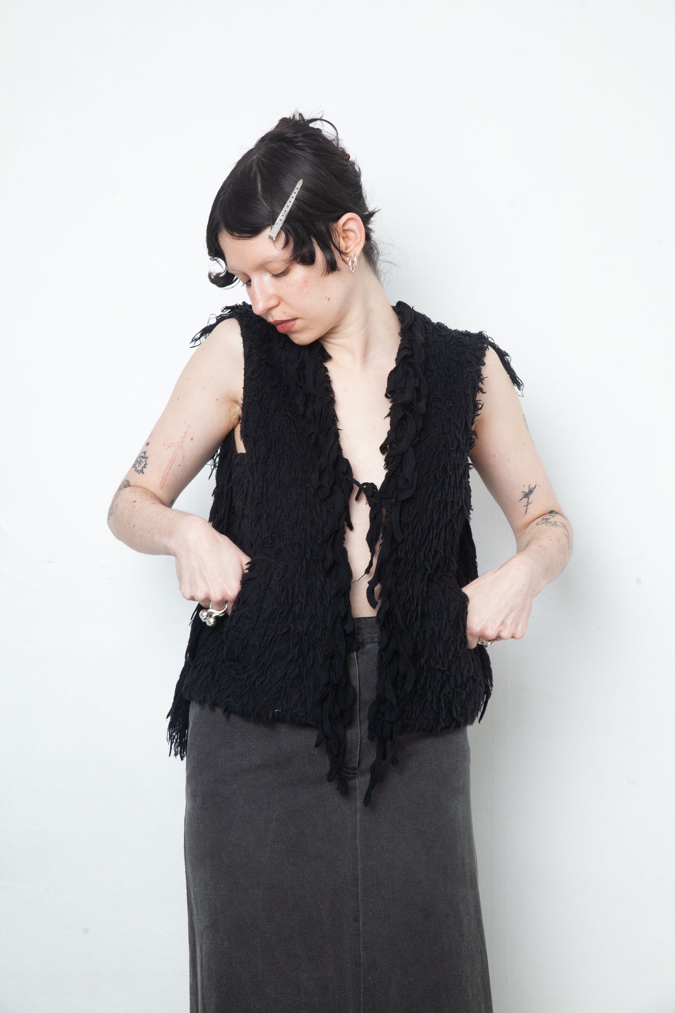 Undercover Spring 2006 unraveling fringe wool black gilet