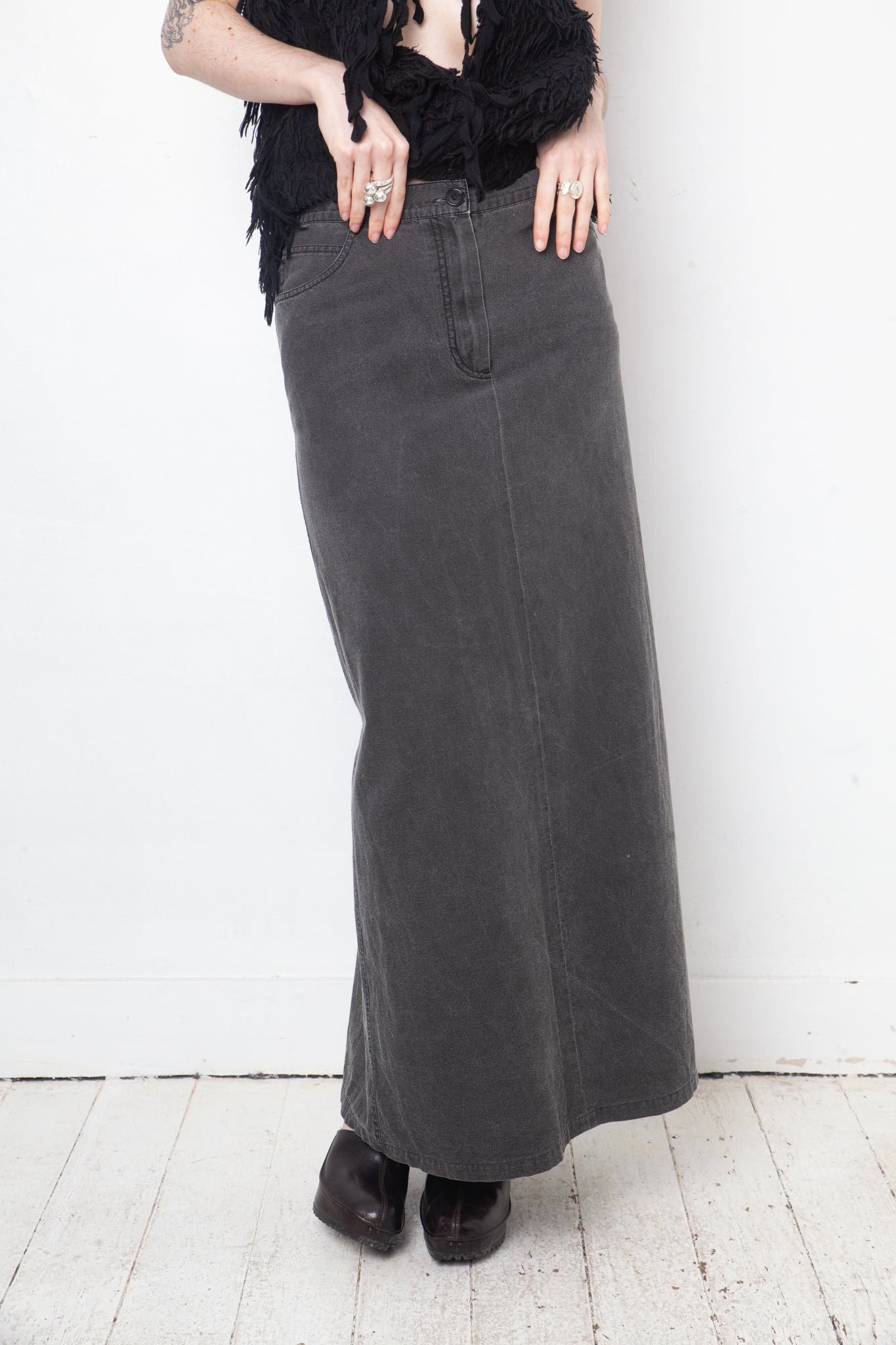 Ann Demeulemeester 2000's grey denim maxi skirt with sparkle