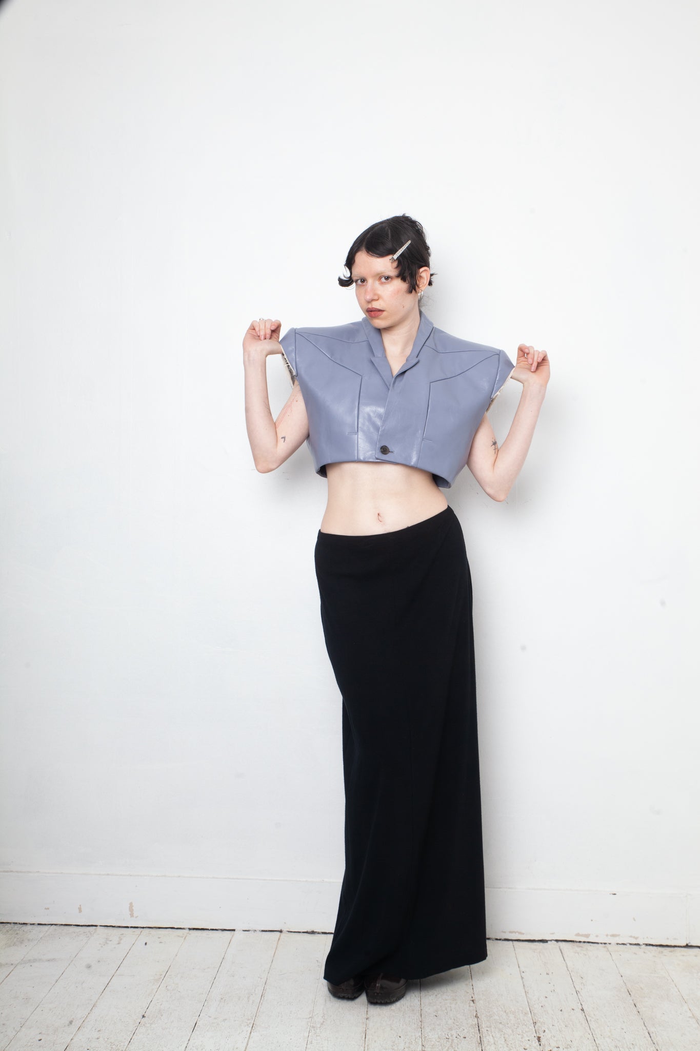 Rick Owens SS 2024 leather lilac cropped blazer with triangular shoulders