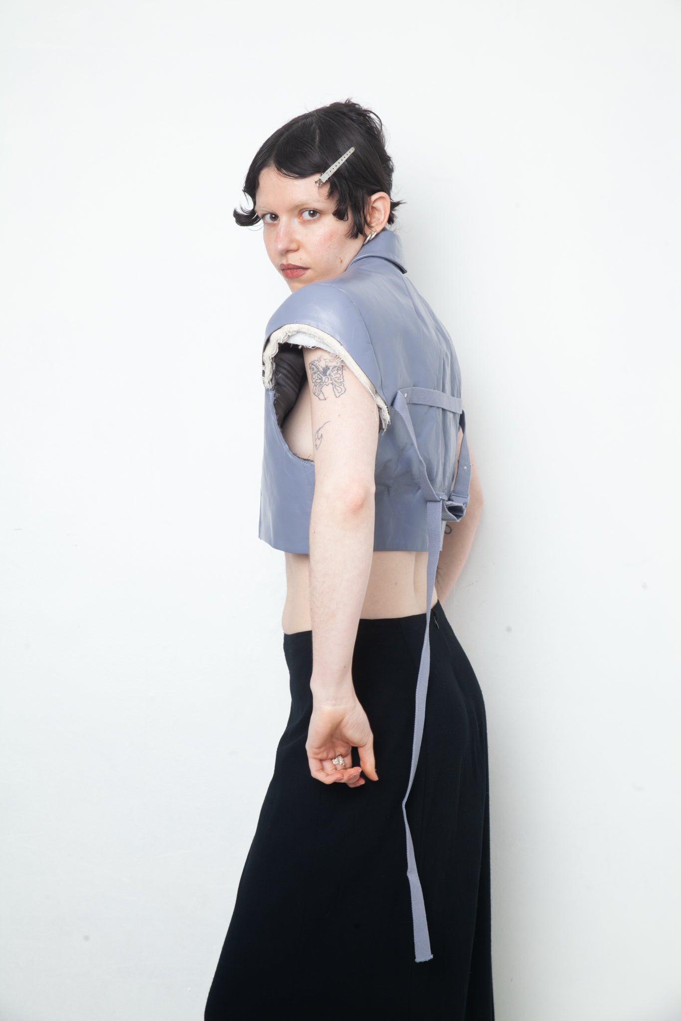 Rick Owens SS 2024 leather lilac cropped blazer with triangular shoulders