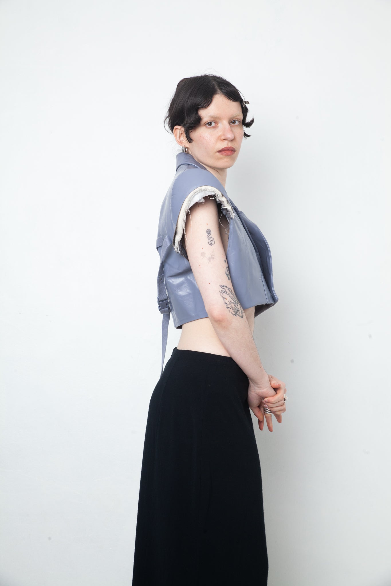 Rick Owens SS 2024 leather lilac cropped blazer with triangular shoulders