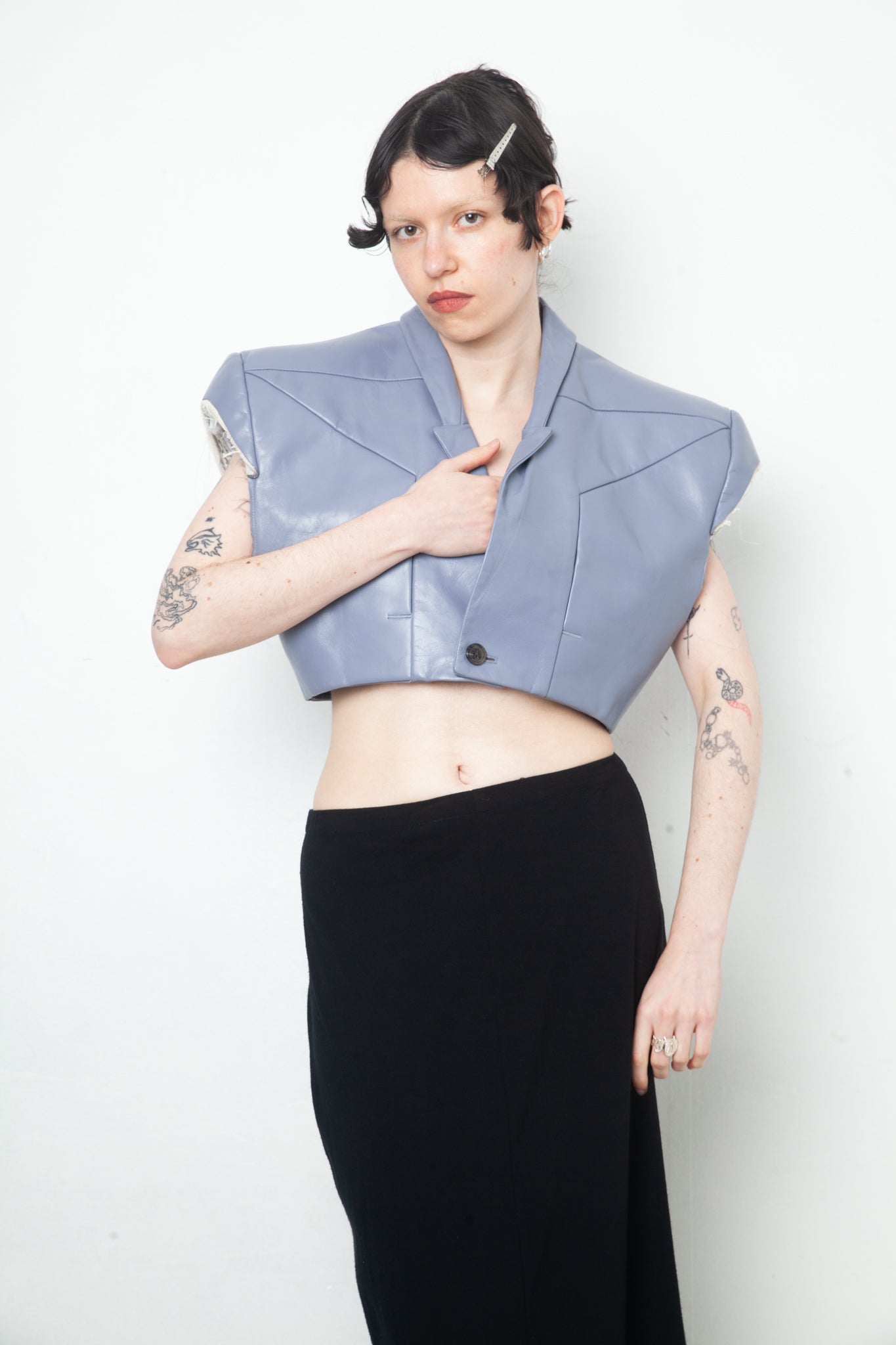 Rick Owens SS 2024 leather lilac cropped blazer with triangular shoulders