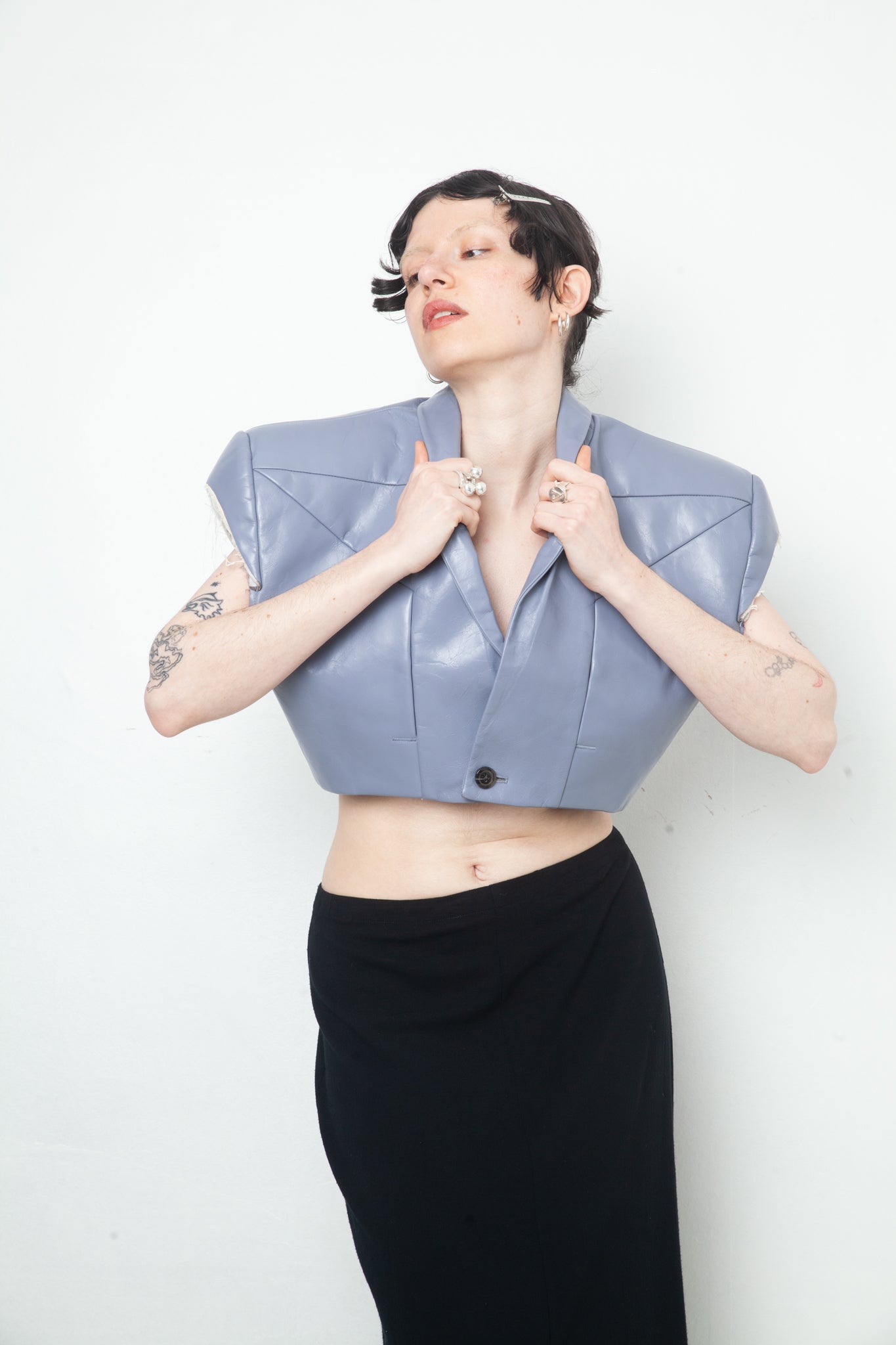 Rick Owens SS 2024 leather lilac cropped blazer with triangular shoulders