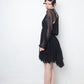 No Label Black silk babydoll pleated dress with sheer balloon sleeves