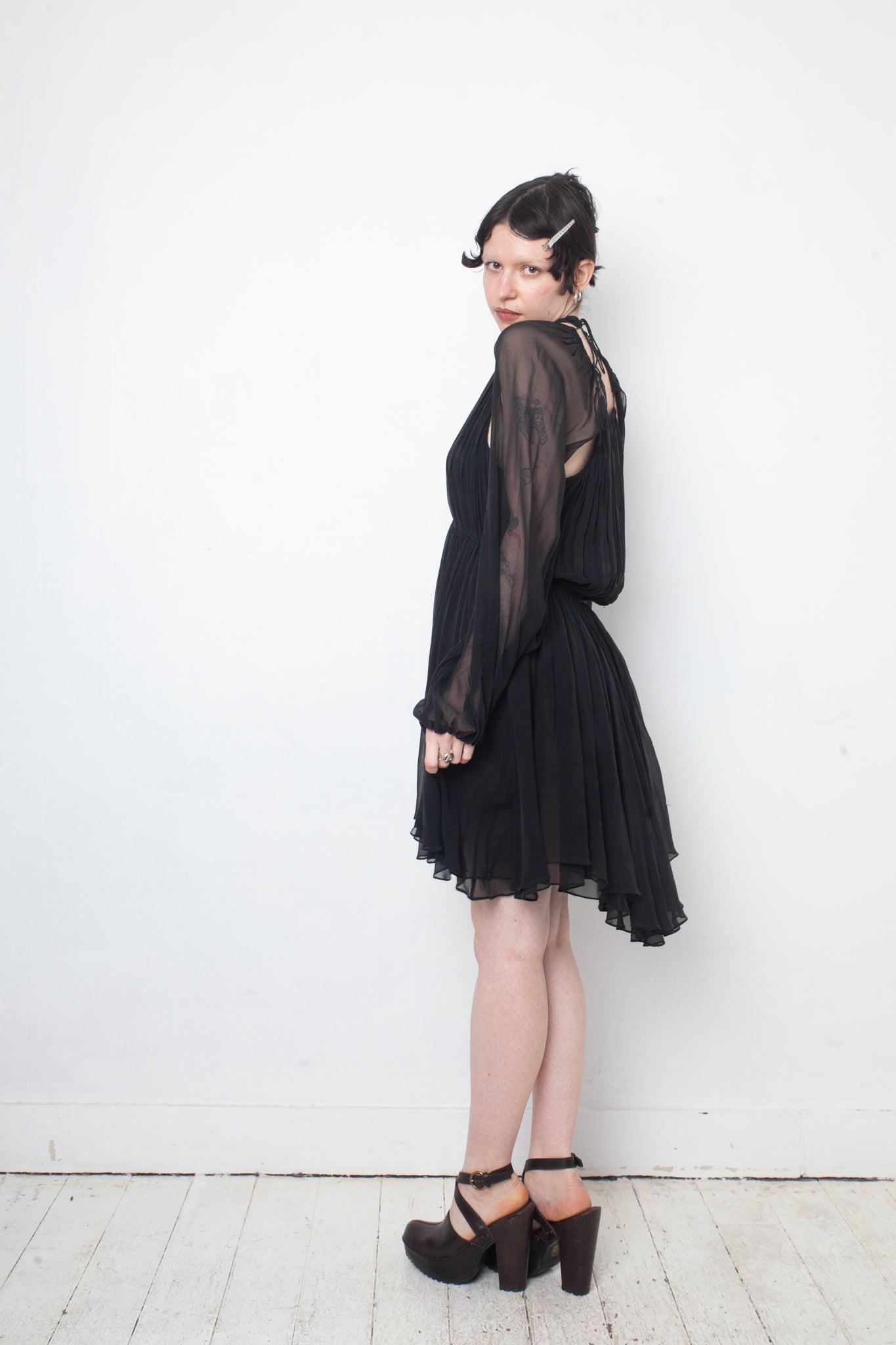 No Label Black silk babydoll pleated dress with sheer balloon sleeves