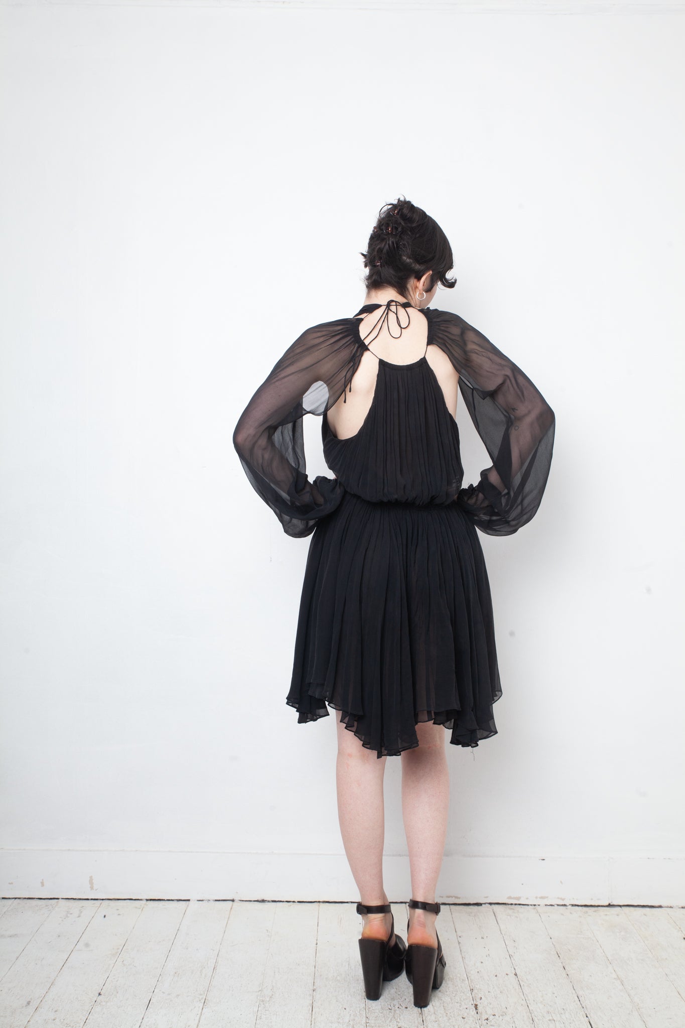 No Label Black silk babydoll pleated dress with sheer balloon sleeves