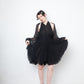 No Label Black silk babydoll pleated dress with sheer balloon sleeves