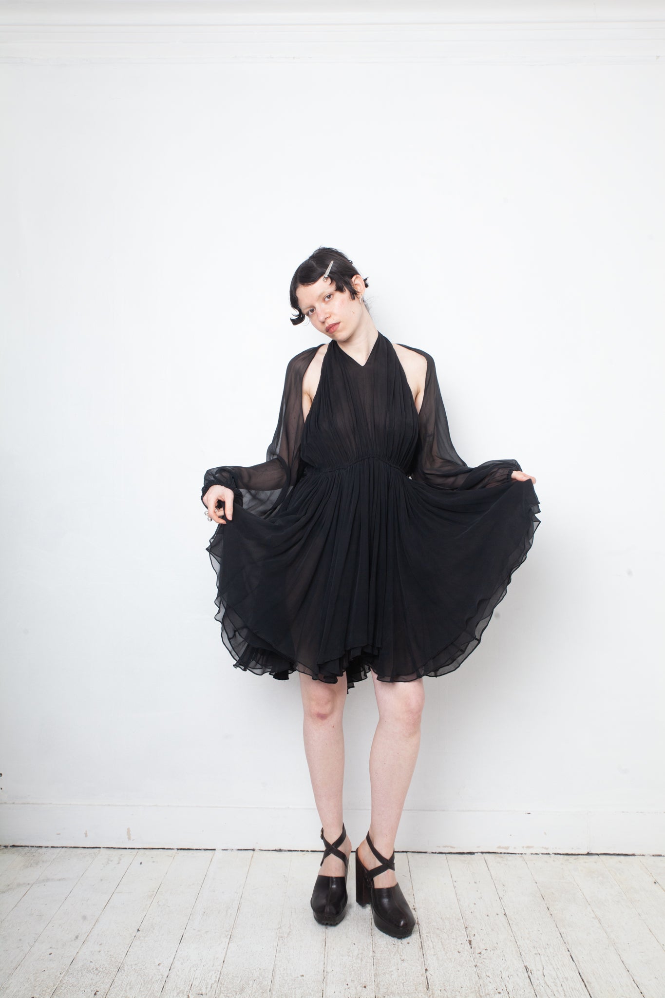 No Label Black silk babydoll pleated dress with sheer balloon sleeves