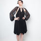 No Label Black silk babydoll pleated dress with sheer balloon sleeves