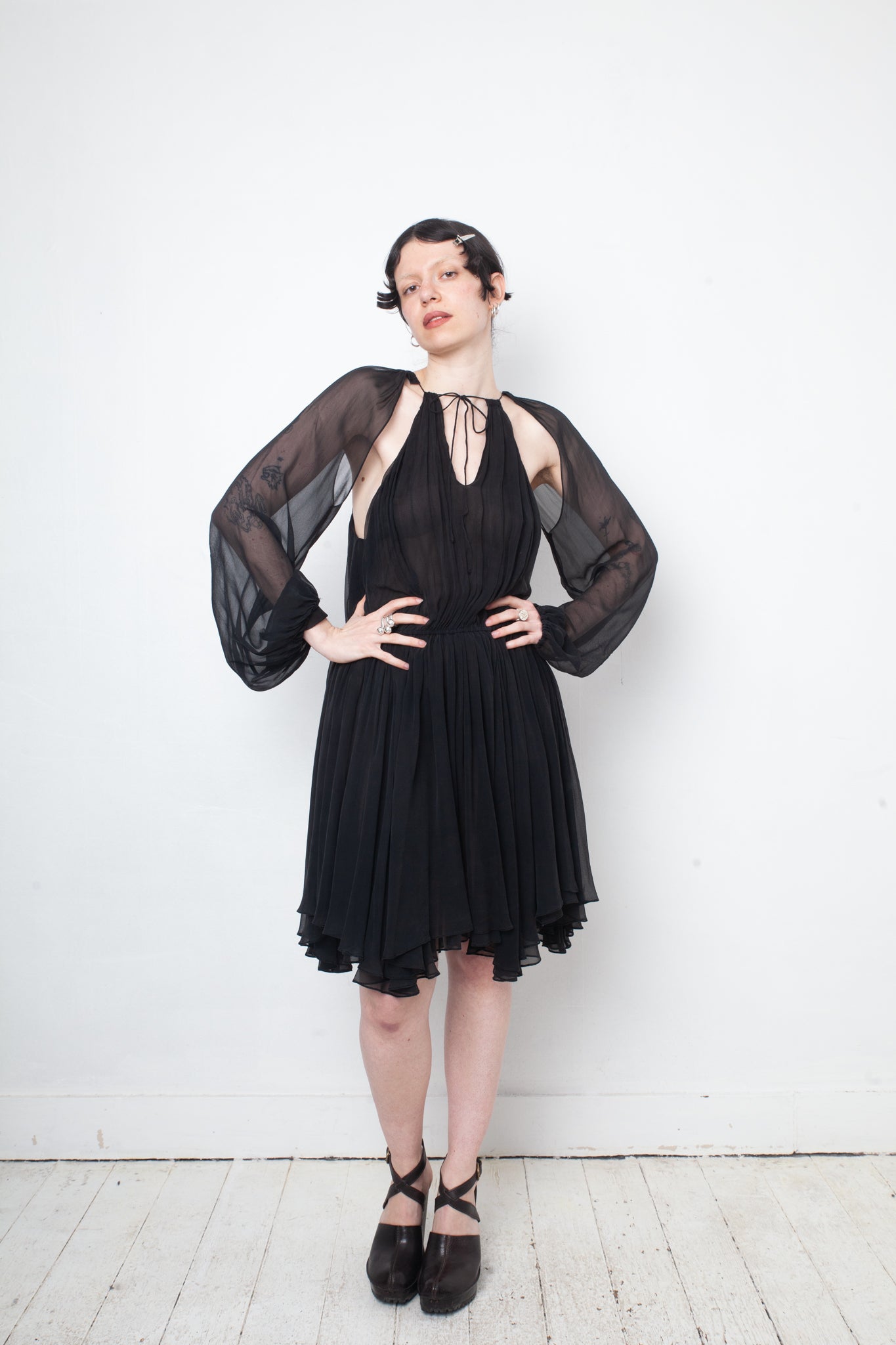 No Label Black silk babydoll pleated dress with sheer balloon sleeves