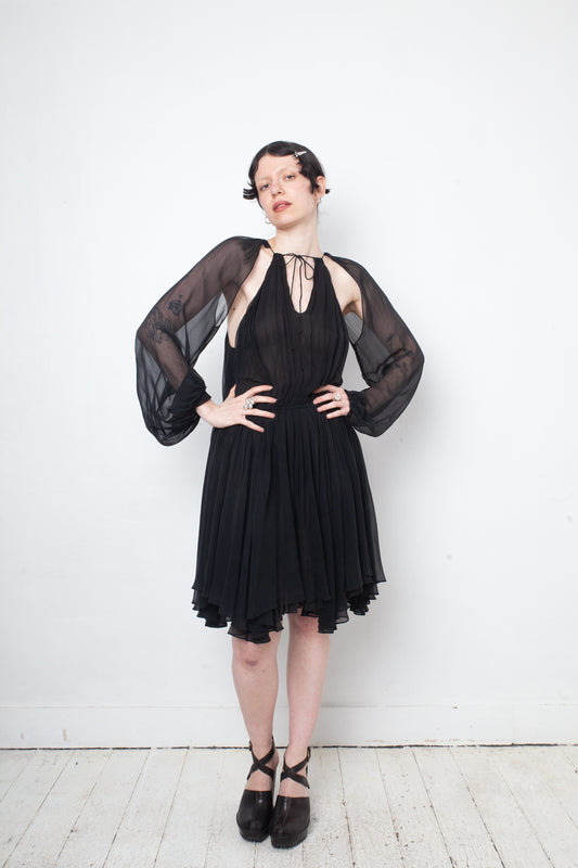 No Label Black silk babydoll pleated dress with sheer balloon sleeves