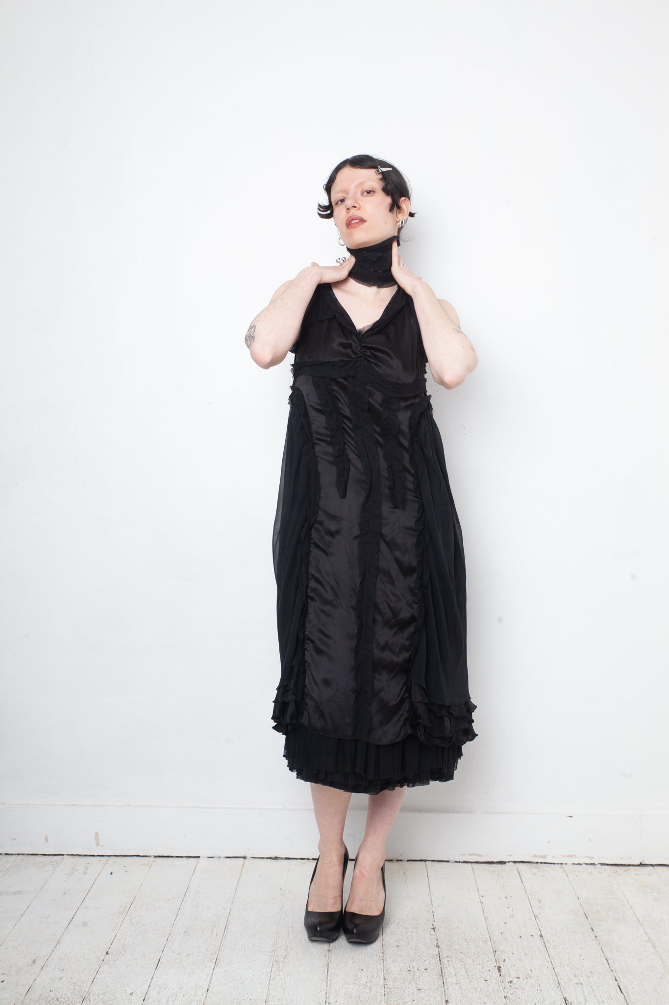 Undercover 2000's multi layer ruffle silk petticoat dress with scarf