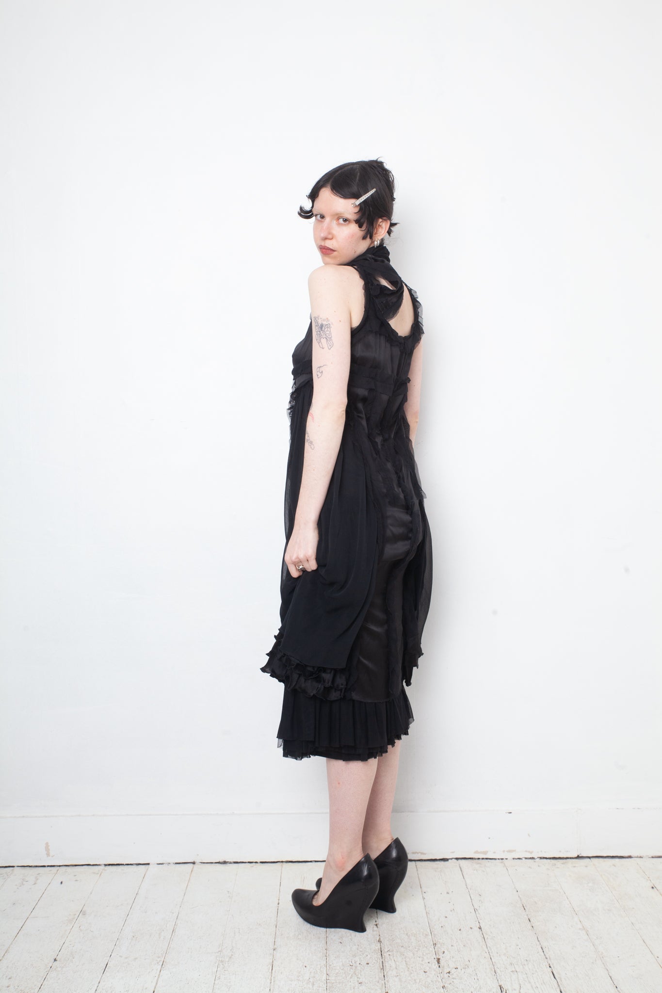 Undercover 2000's multi layer ruffle silk petticoat dress with scarf