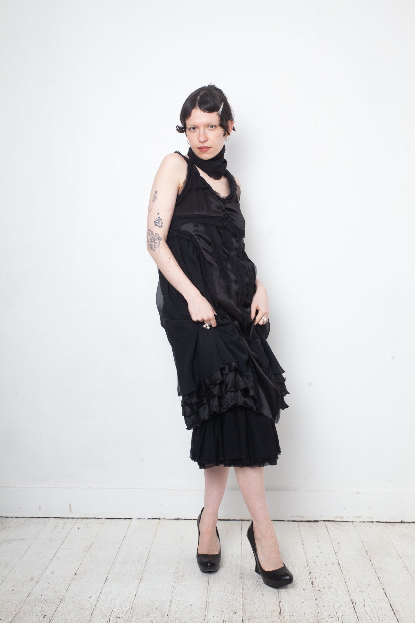 Undercover 2000's multi layer ruffle silk petticoat dress with scarf
