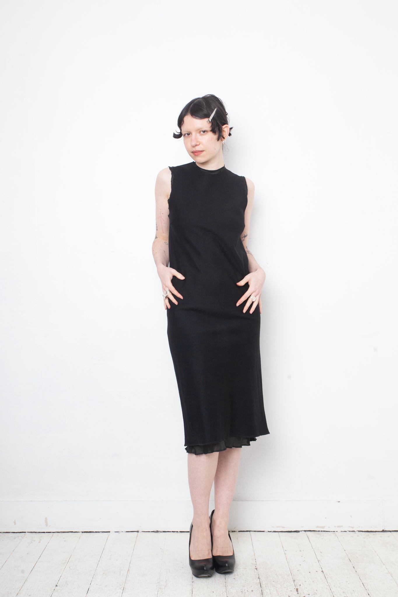Jean Colonna 90's black wool slip dress with deep back slit and visible lining