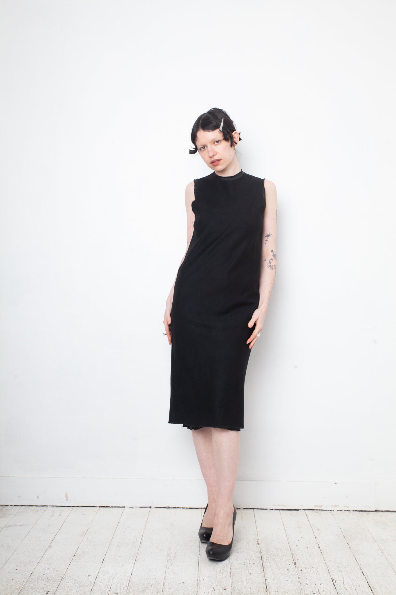 Jean Colonna 90's black wool slip dress with deep back slit and visible lining