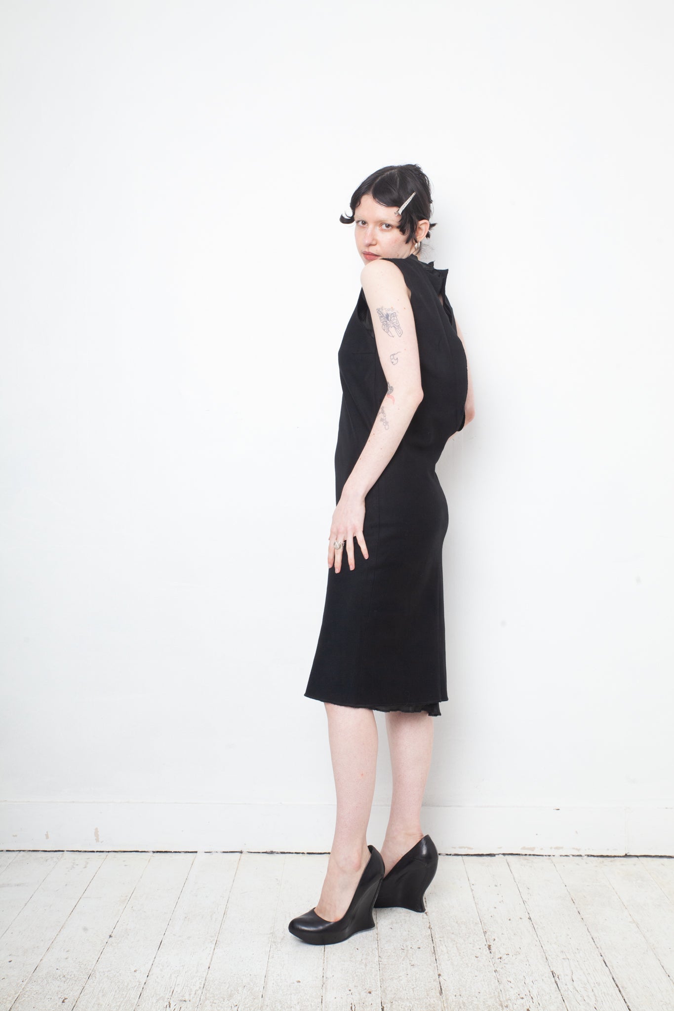 Jean Colonna 90's black wool slip dress with deep back slit and visible lining