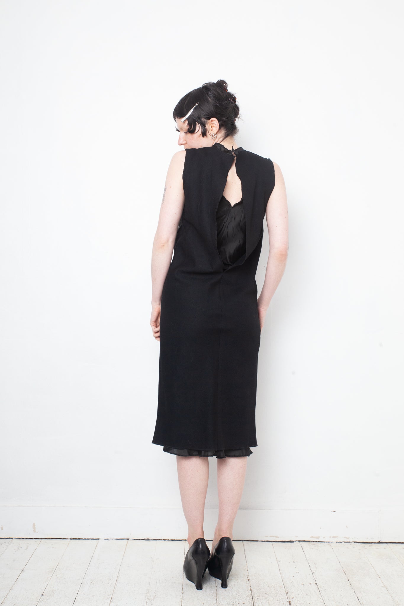 Jean Colonna 90's black wool slip dress with deep back slit and visible lining