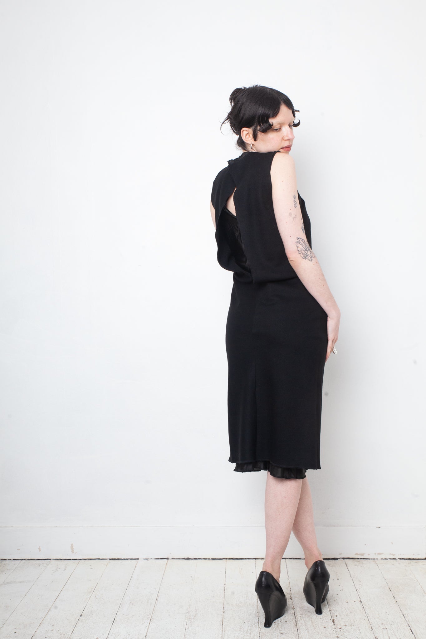 Jean Colonna 90's black wool slip dress with deep back slit and visible lining
