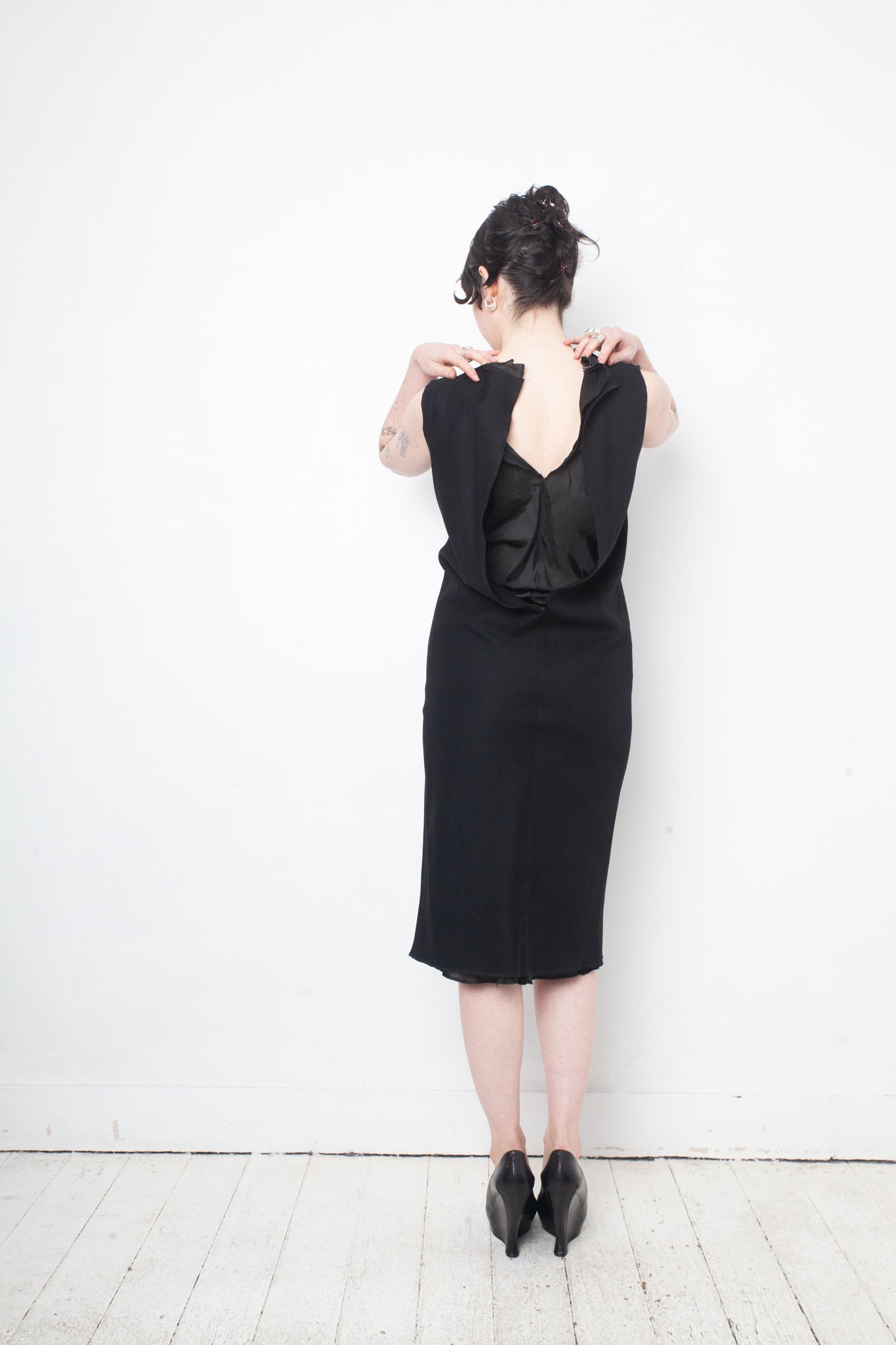 Jean Colonna 90's black wool slip dress with deep back slit and visible lining