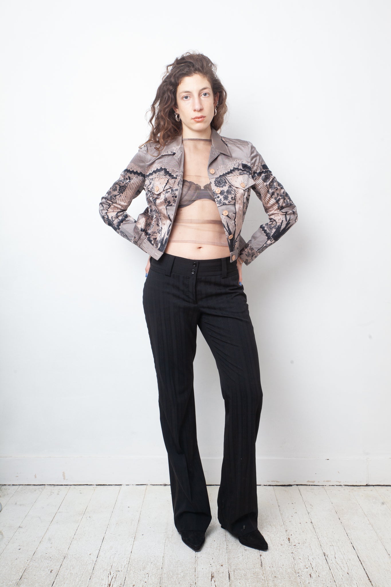 Christian Dior SS 2006 trompe l'oeil lace corset print pink and black jacket