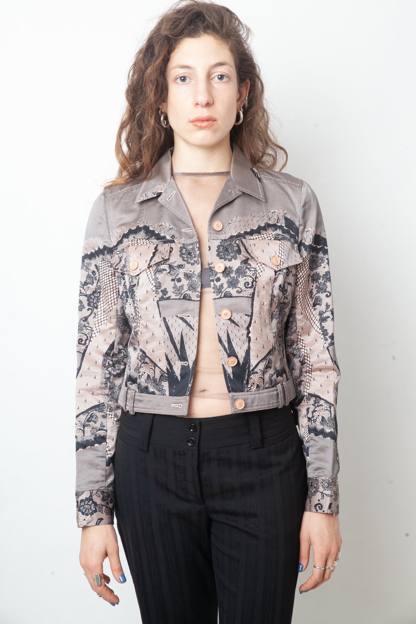 Christian Dior SS 2006 trompe l'oeil lace corset print pink and black jacket