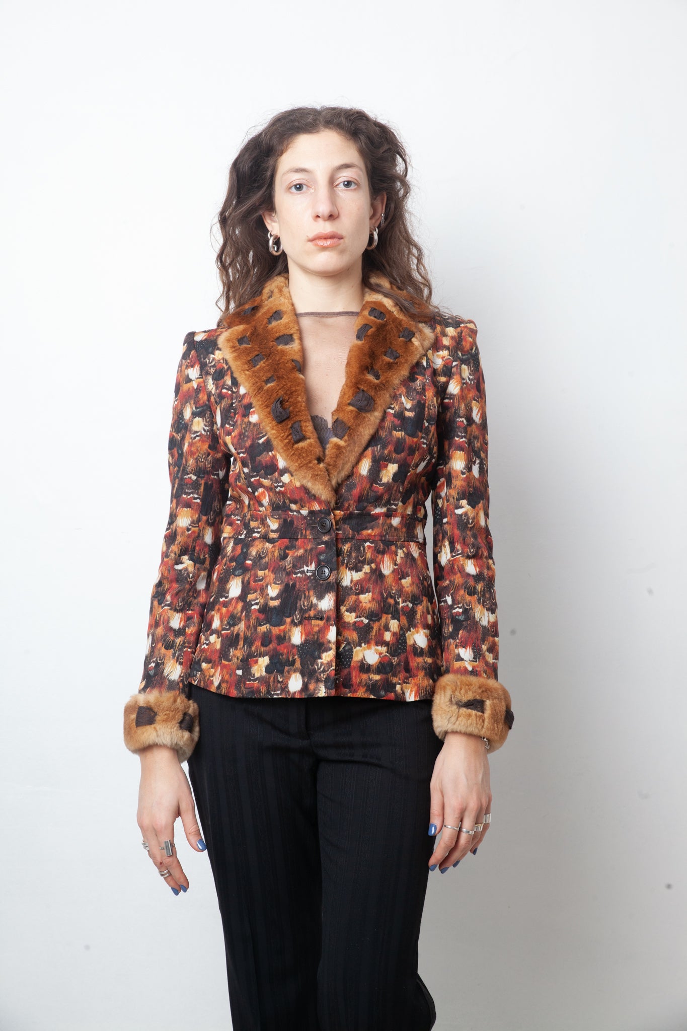 John Galliano 2000's feather print jacket with fur and lace collar and cuffs