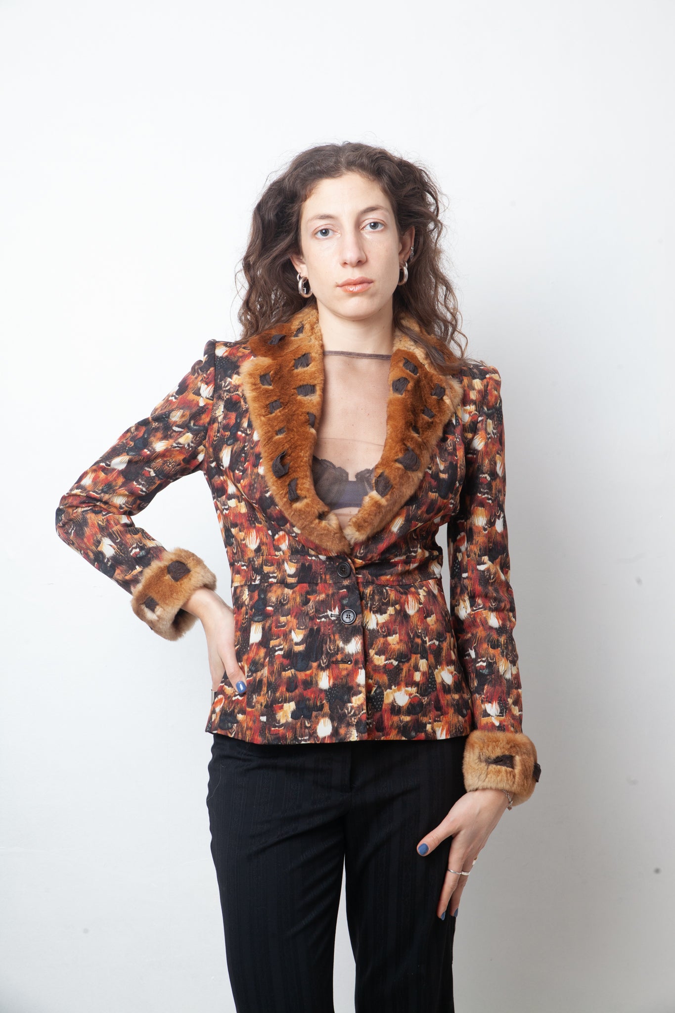 John Galliano 2000's feather print jacket with fur and lace collar and cuffs
