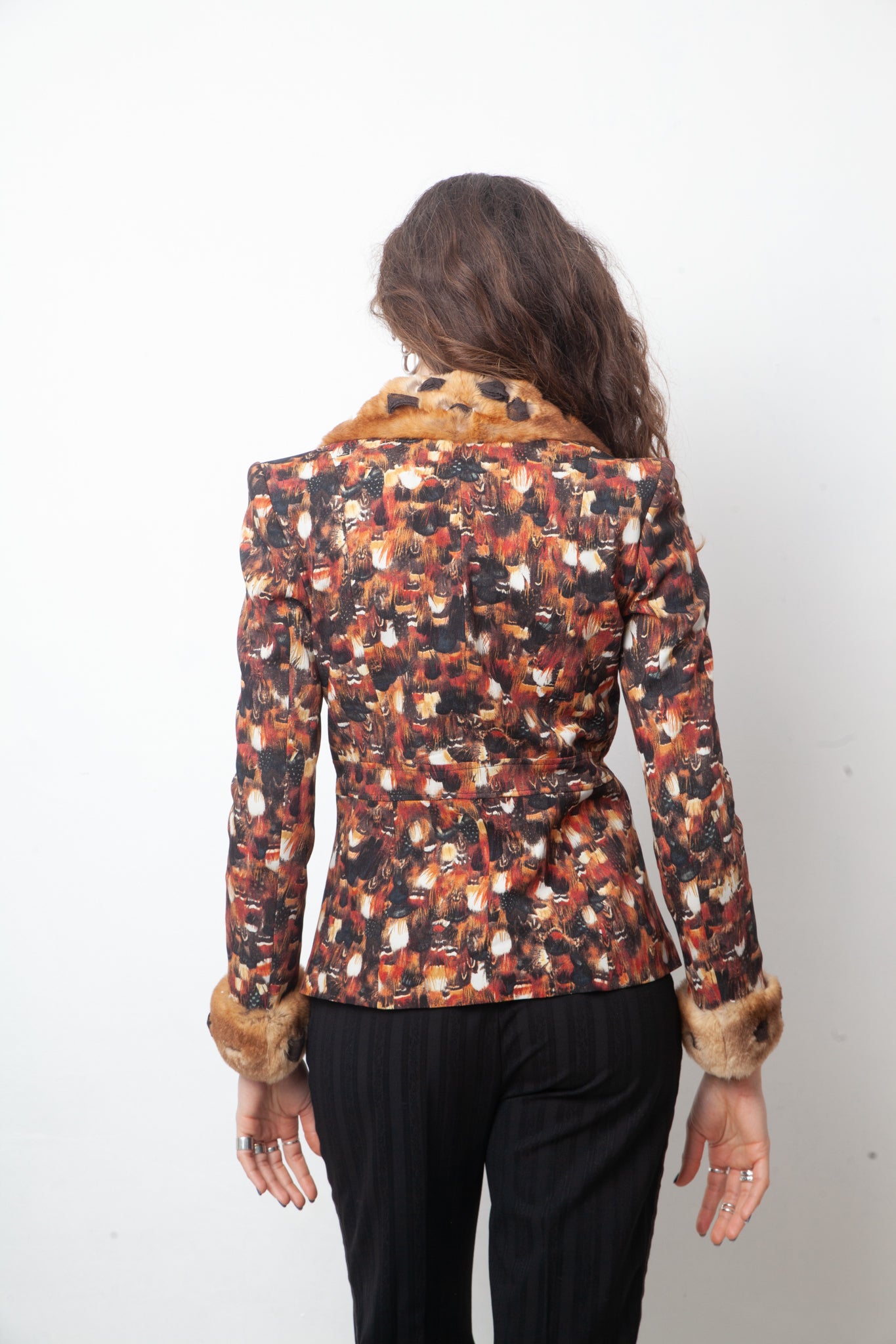 John Galliano 2000's feather print jacket with fur and lace collar and cuffs