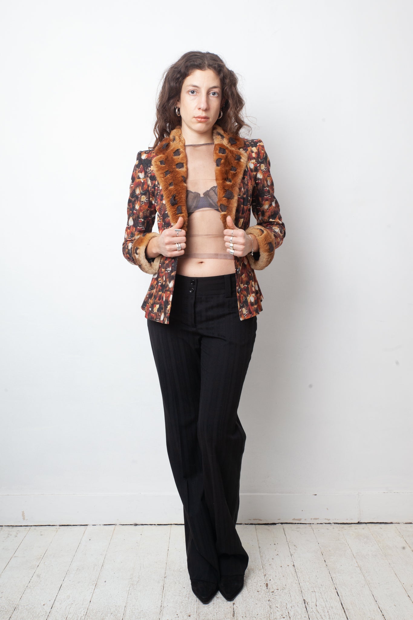 John Galliano 2000's feather print jacket with fur and lace collar and cuffs