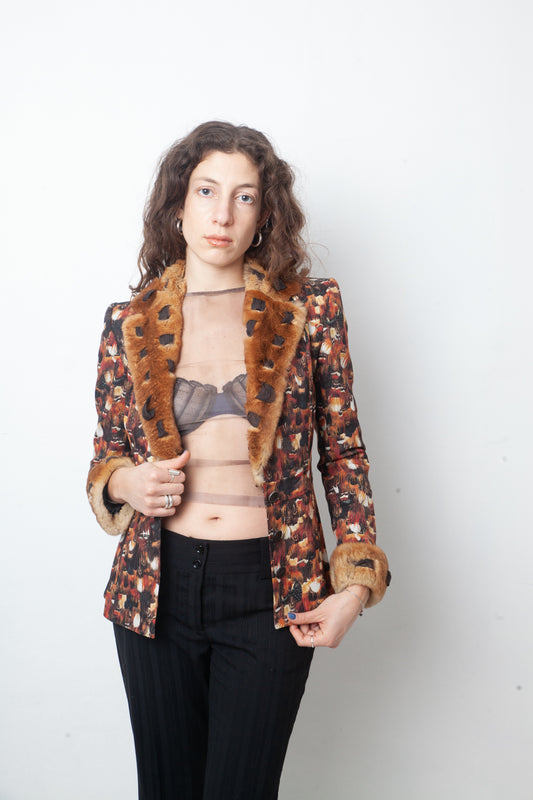 John Galliano 2000's feather print jacket with fur and lace collar and cuffs
