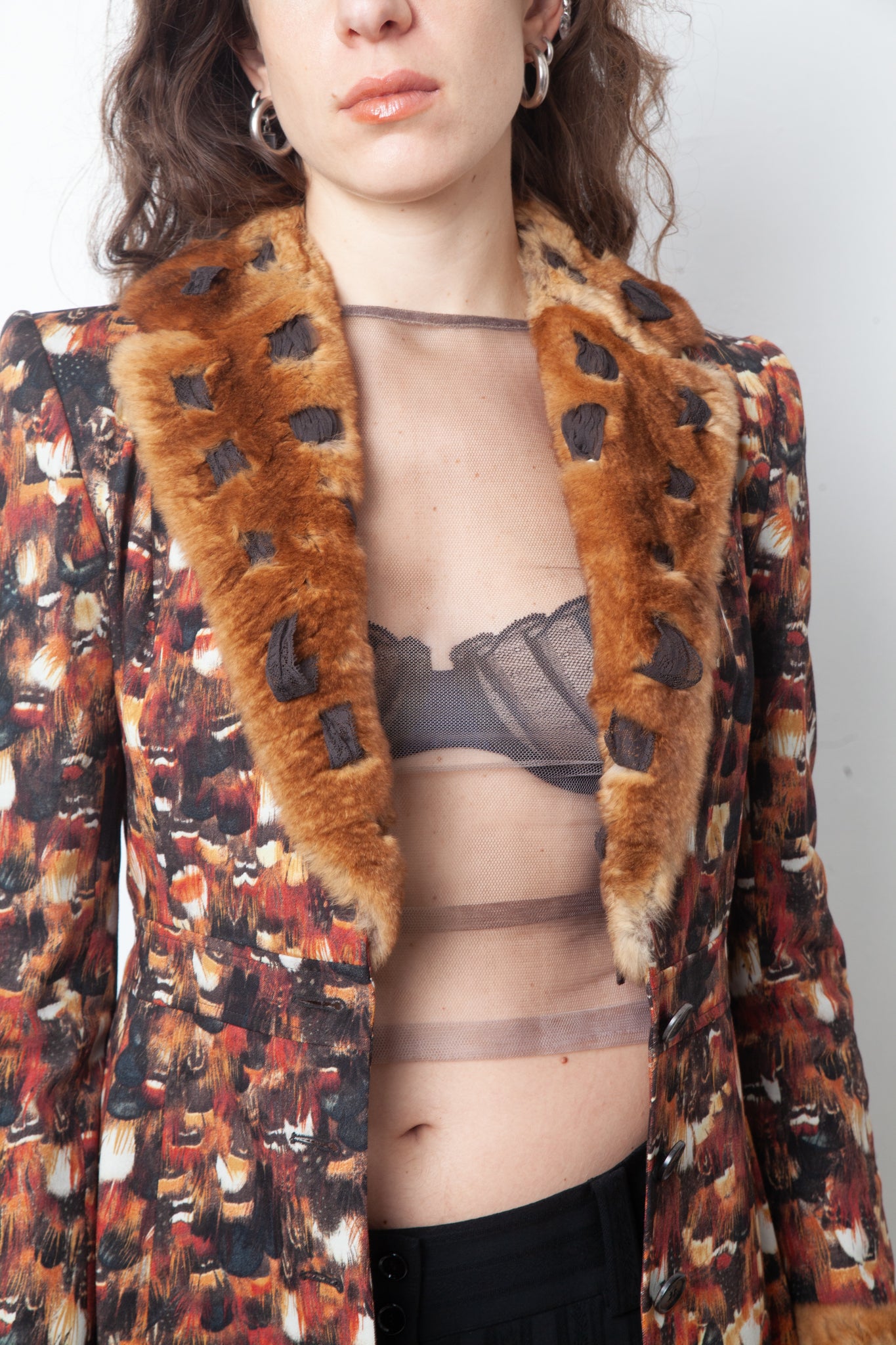 John Galliano 2000's feather print jacket with fur and lace collar and cuffs