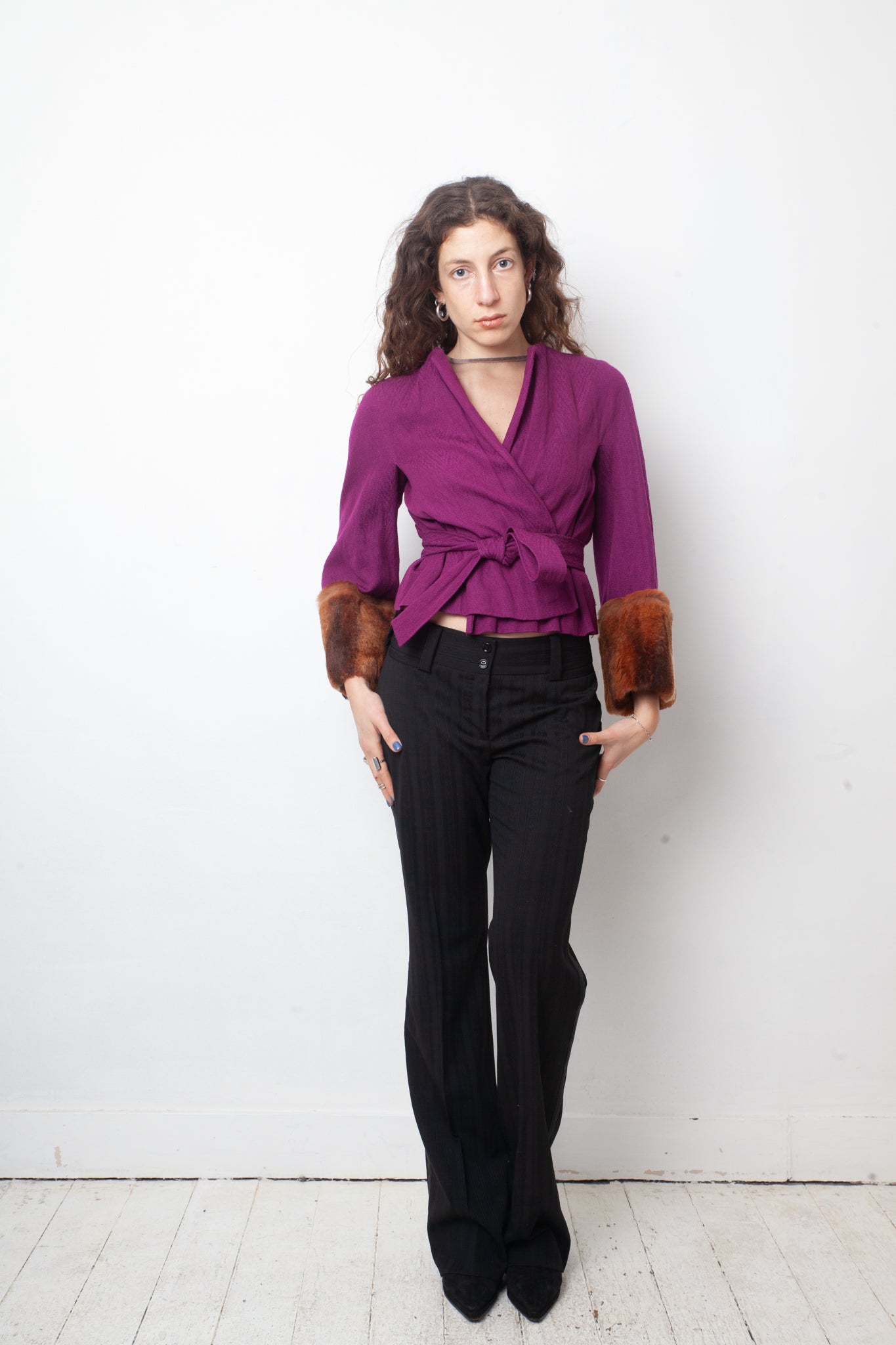 Dries van Noten FW 2005 fuchsia kimono jacket with belt and fur sleeves