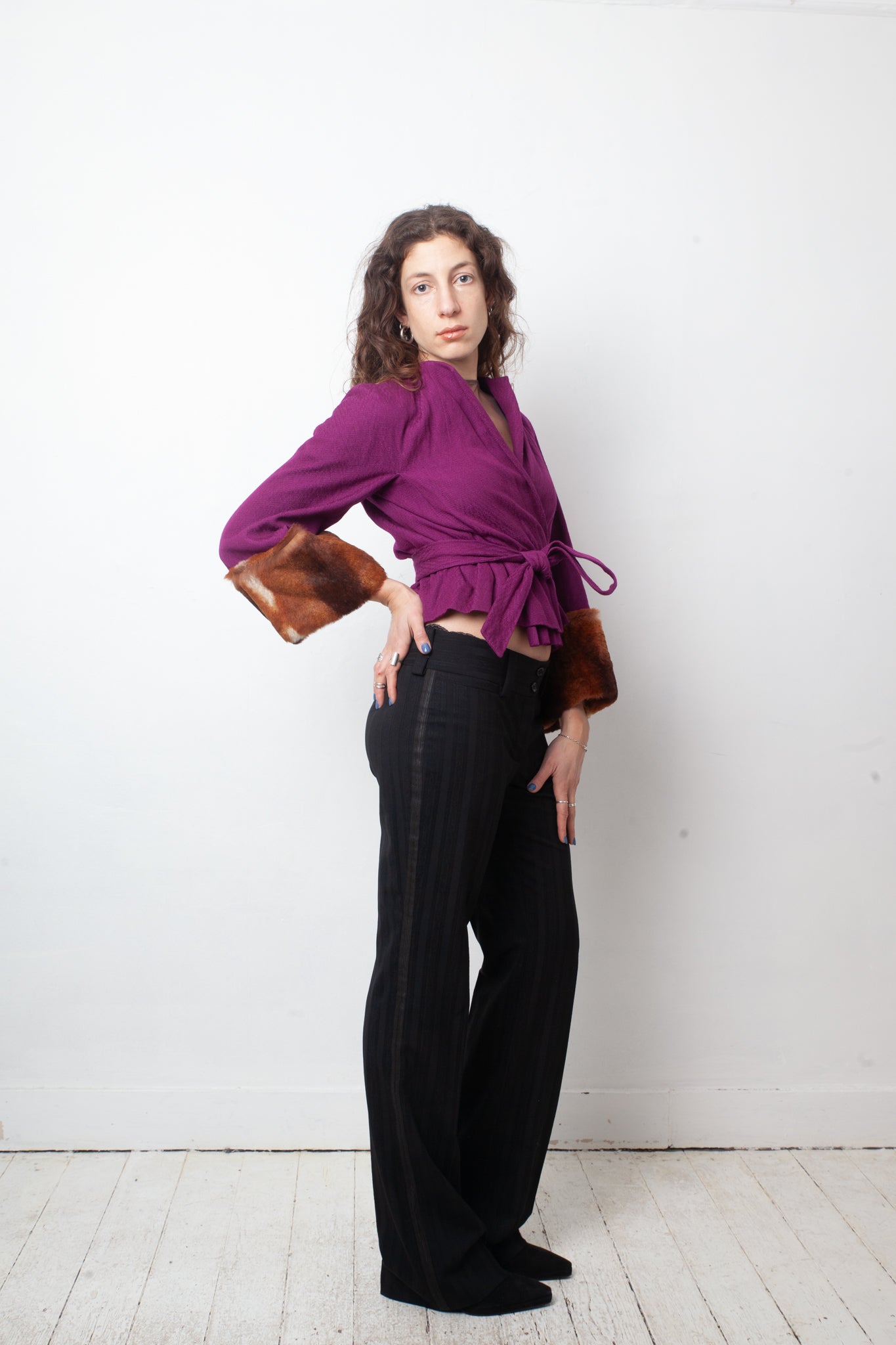 Dries van Noten FW 2005 fuchsia kimono jacket with belt and fur sleeves