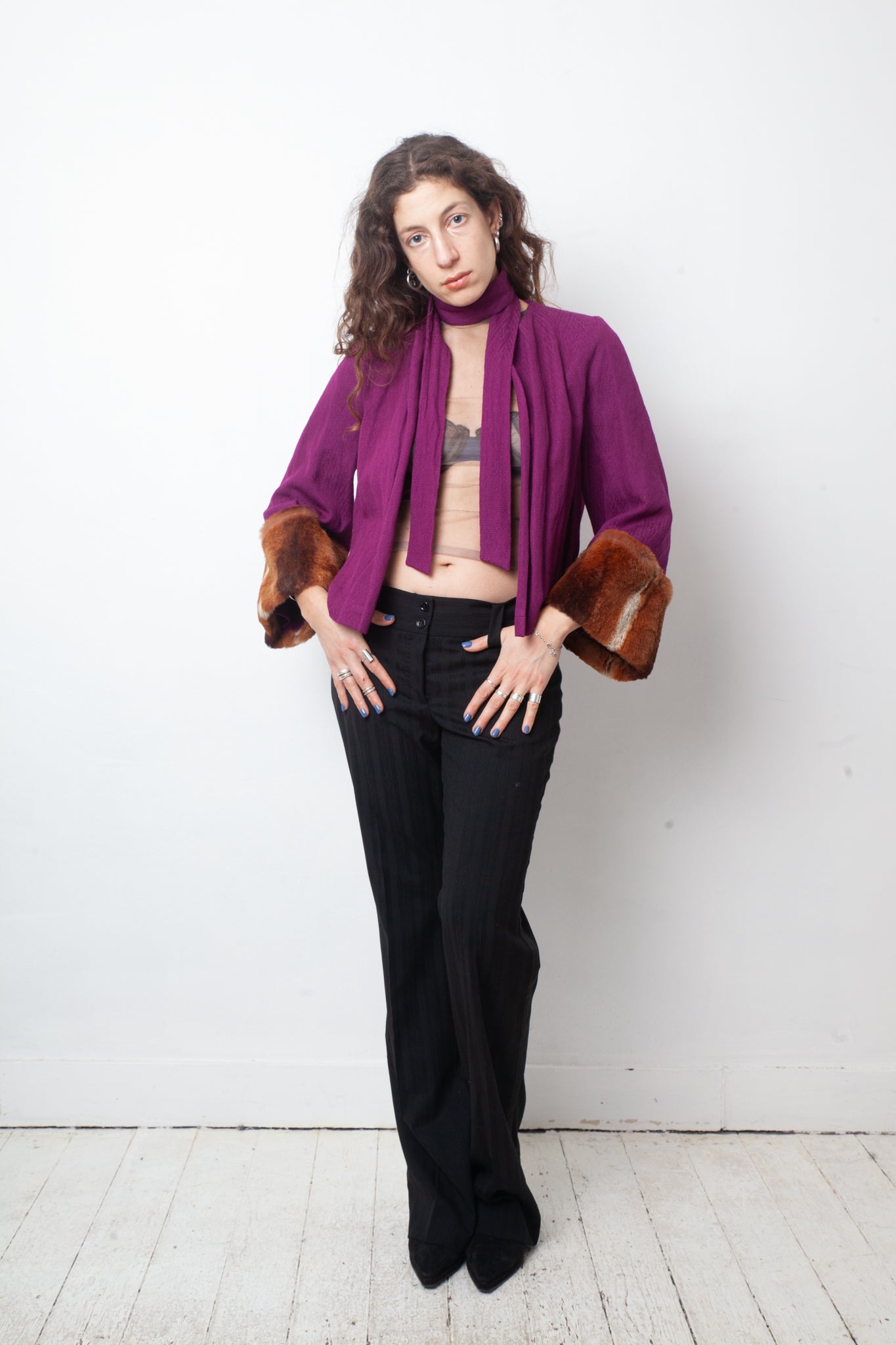 Dries van Noten FW 2005 fuchsia kimono jacket with belt and fur sleeves