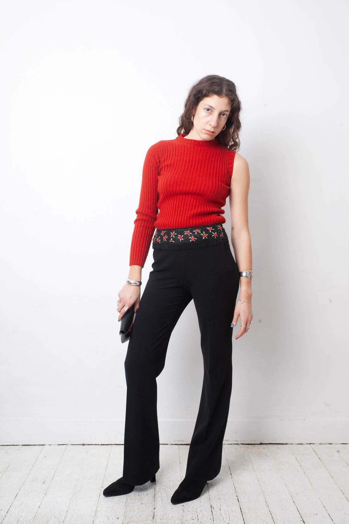 Walter van Beirendock 90's one sleeve red ribbed knit sweater