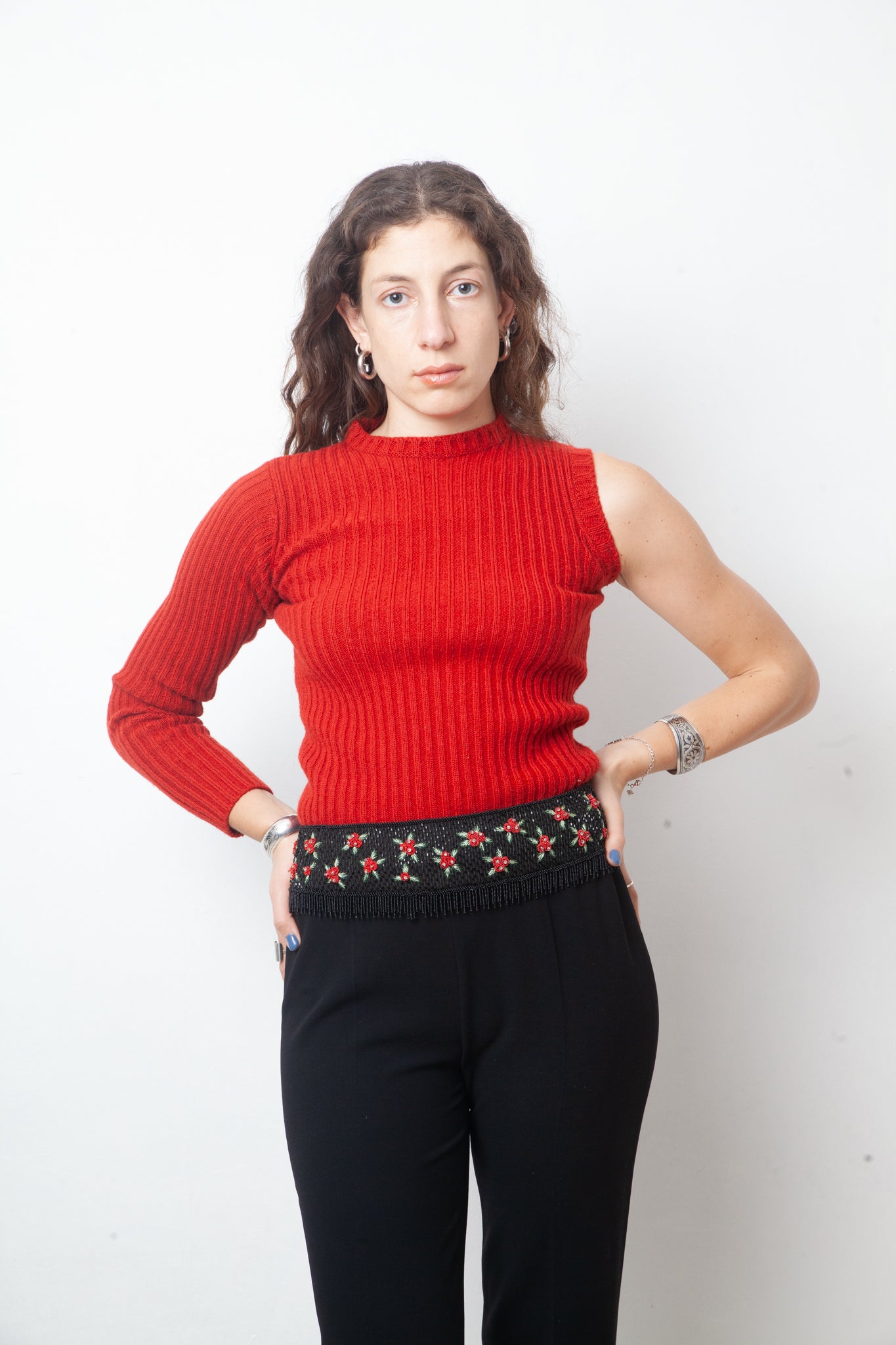 Walter van Beirendock 90's one sleeve red ribbed knit sweater