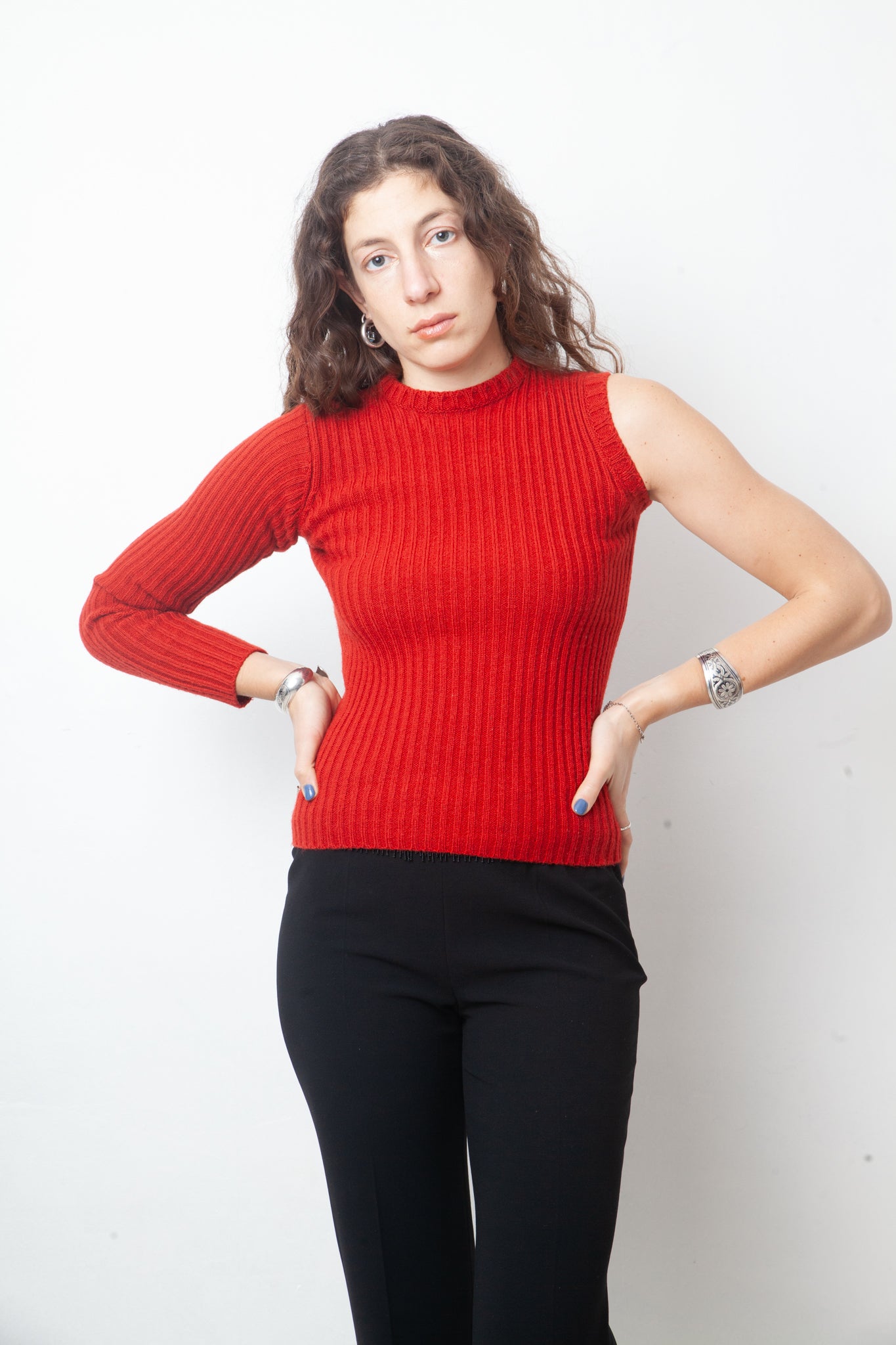 Walter van Beirendock 90's one sleeve red ribbed knit sweater