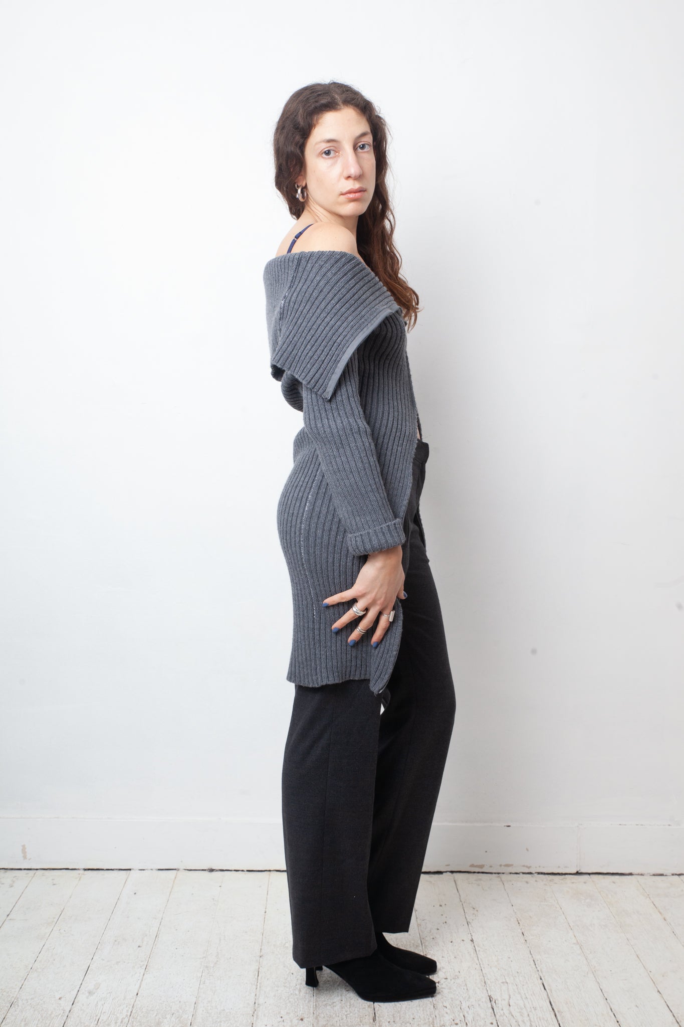MM6 Margiela FW 2005 two way zipper grey ribbed knit long cardigan