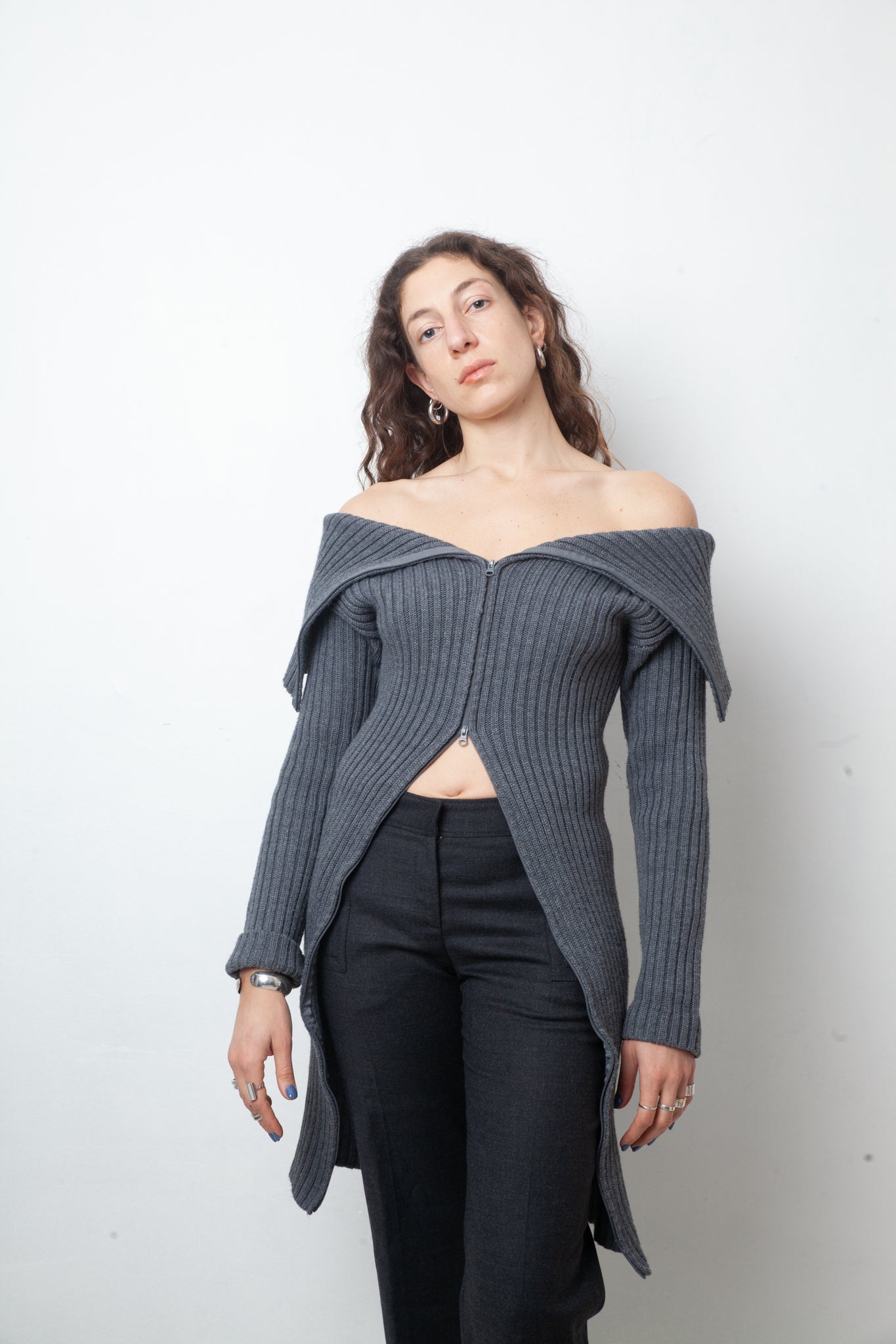 MM6 Margiela FW 2005 two way zipper grey ribbed knit long cardigan