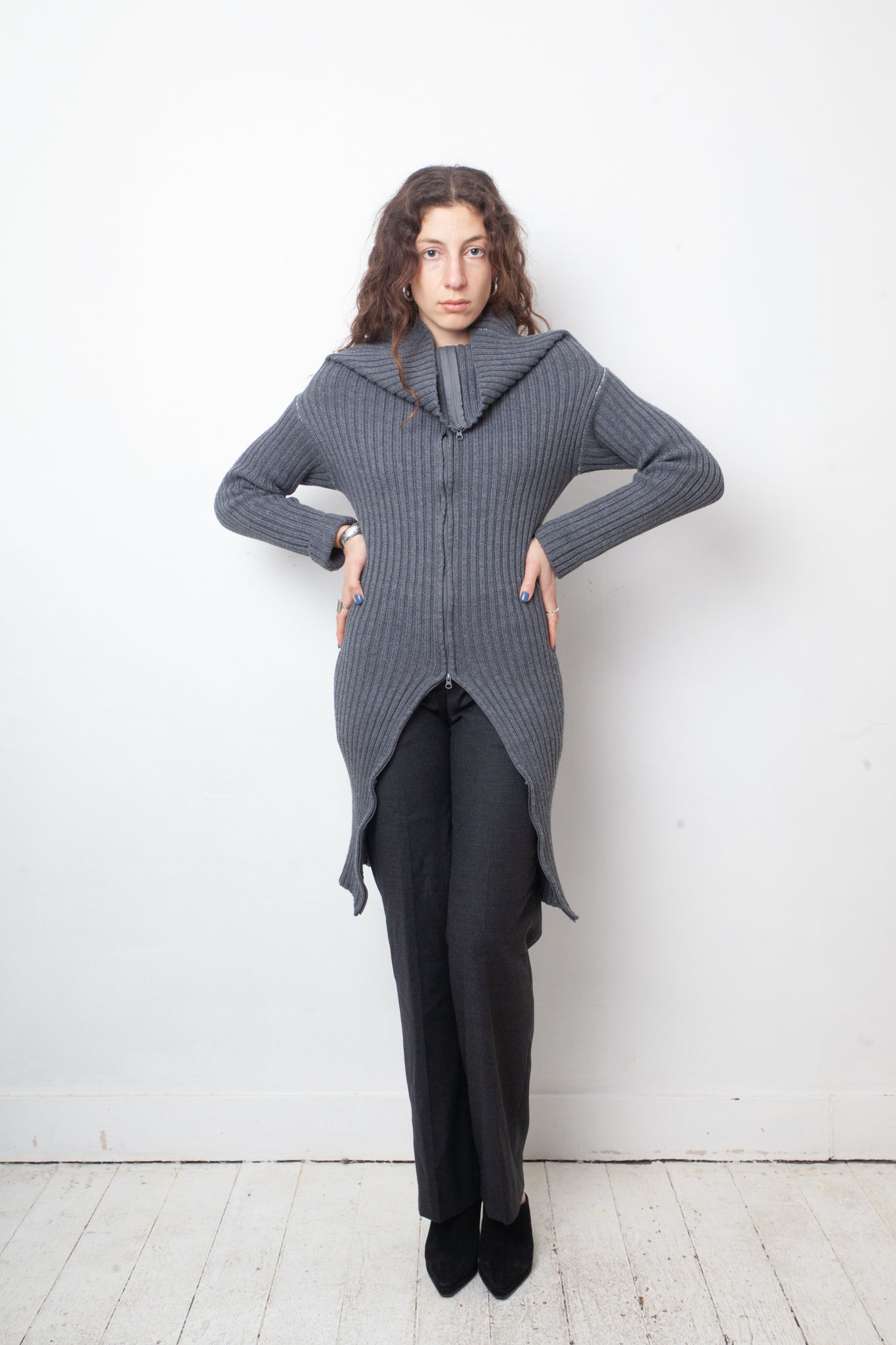 MM6 Margiela FW 2005 two way zipper grey ribbed knit long cardigan
